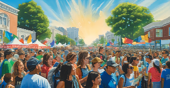 A diverse crowd participating in a community rally in a California city, holding colorful banners advocating for environmental awareness, with greenery and a bright blue sky in the background.