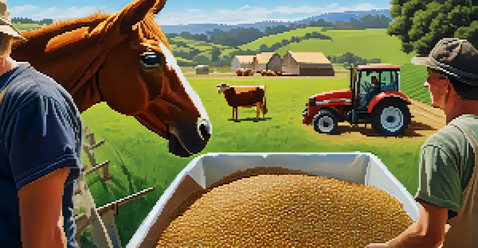 A farmer at a sunny California farm interacting with animals, showcasing the repurposing of spent grains as animal feed.