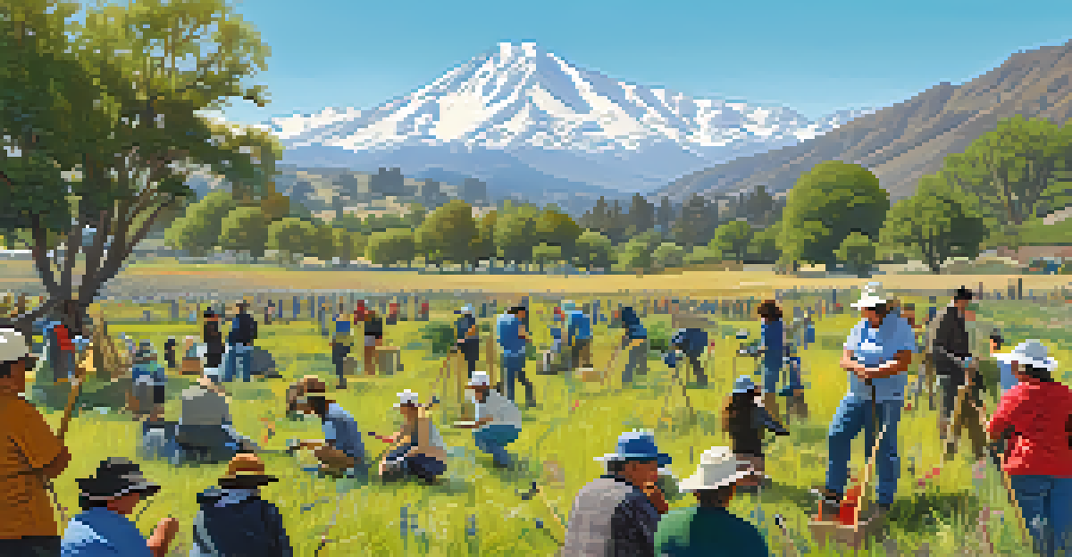 Community members participating in a habitat restoration project in a sunny California meadow, planting native plants.