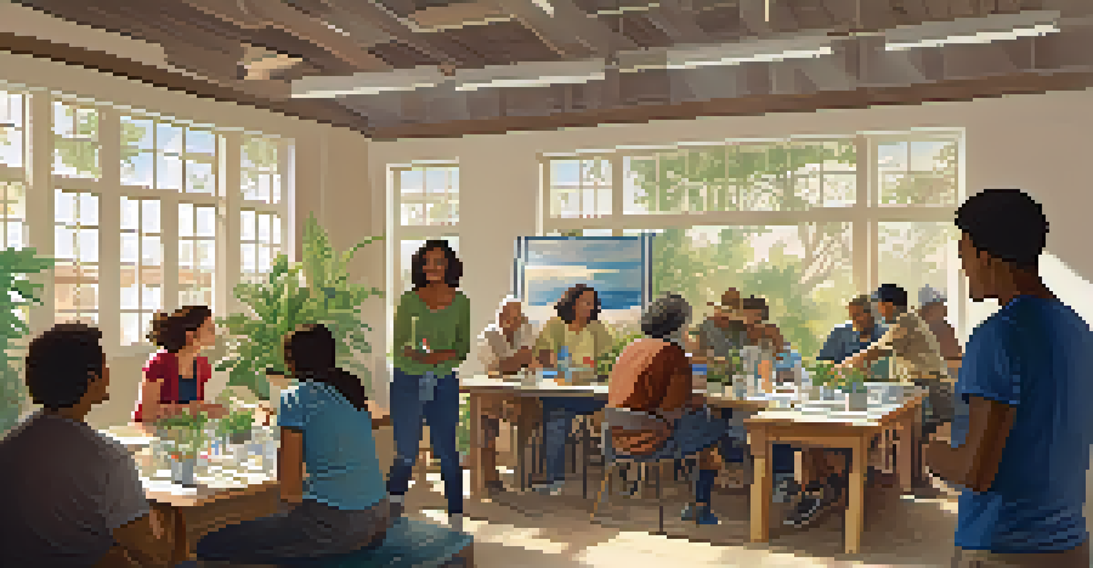 A community workshop on water conservation in California with diverse participants discussing water-saving techniques.