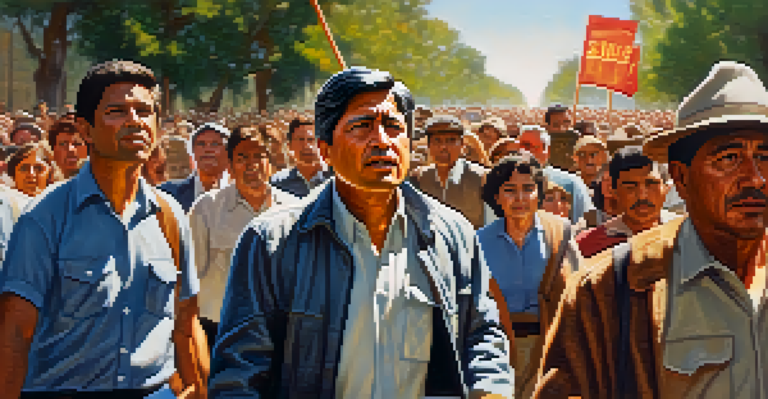 Cesar Chavez leading a peaceful march with supporters, emphasizing labor rights in a vibrant, sunlit setting.