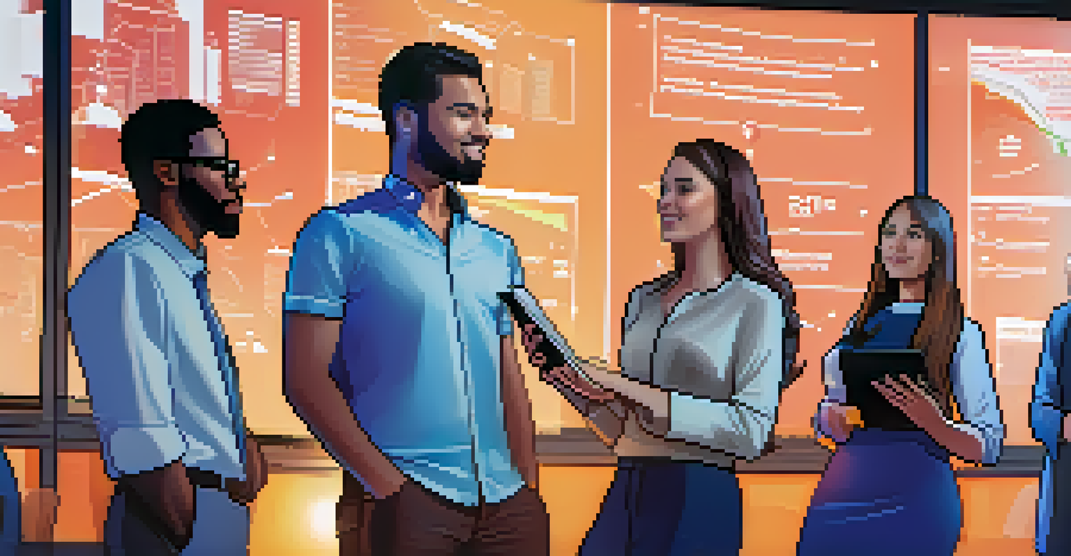 A diverse group of entrepreneurs presenting ideas in a conference room, with tablets and a screen showing data, illuminated by bright lights.