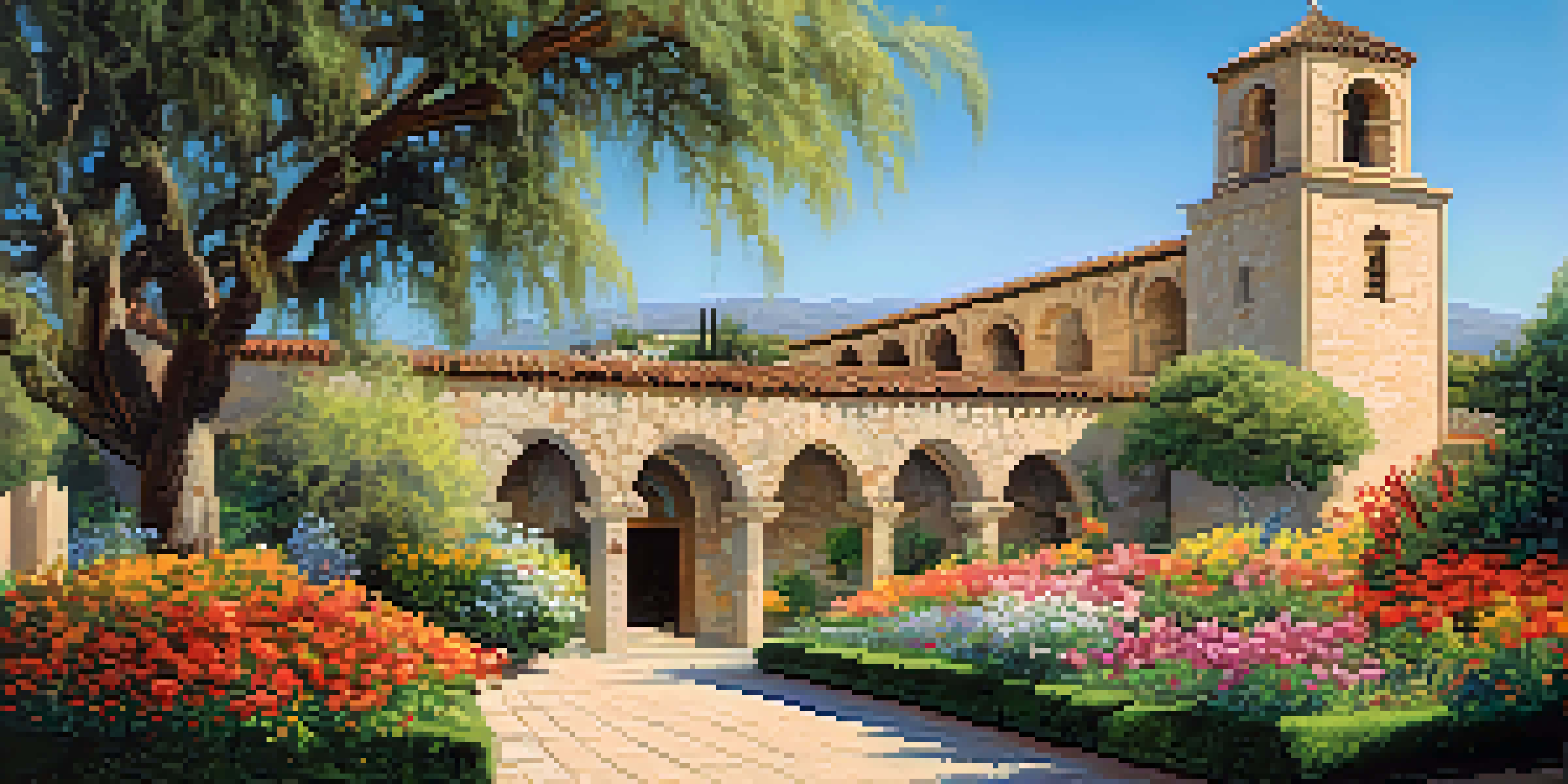 A scenic view of Mission San Juan Capistrano with stone ruins and colorful gardens under a sunny sky, featuring swallows flying above.