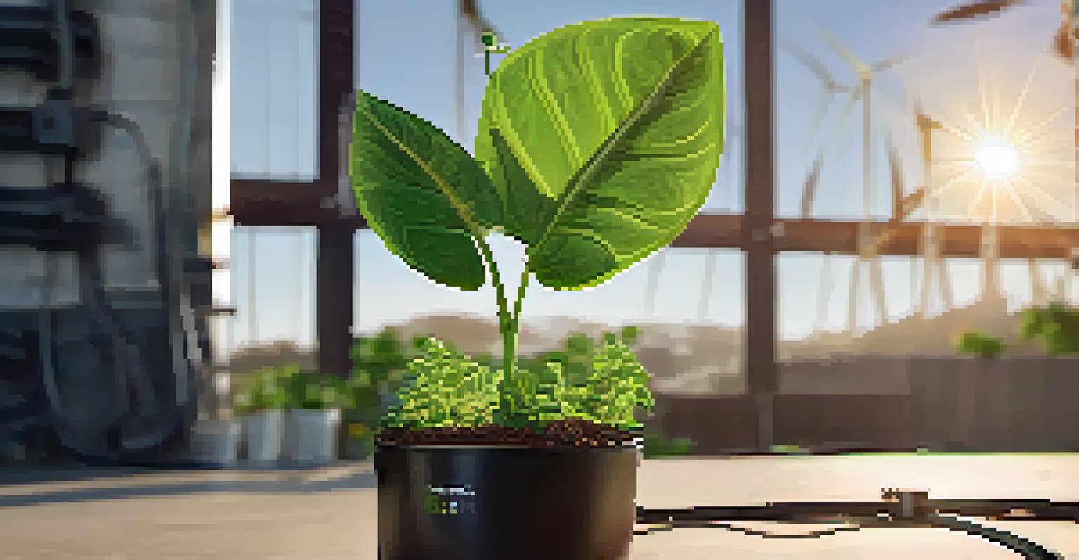 A close-up of a green plant in a recycled pot with solar panels and wind turbines in the background.