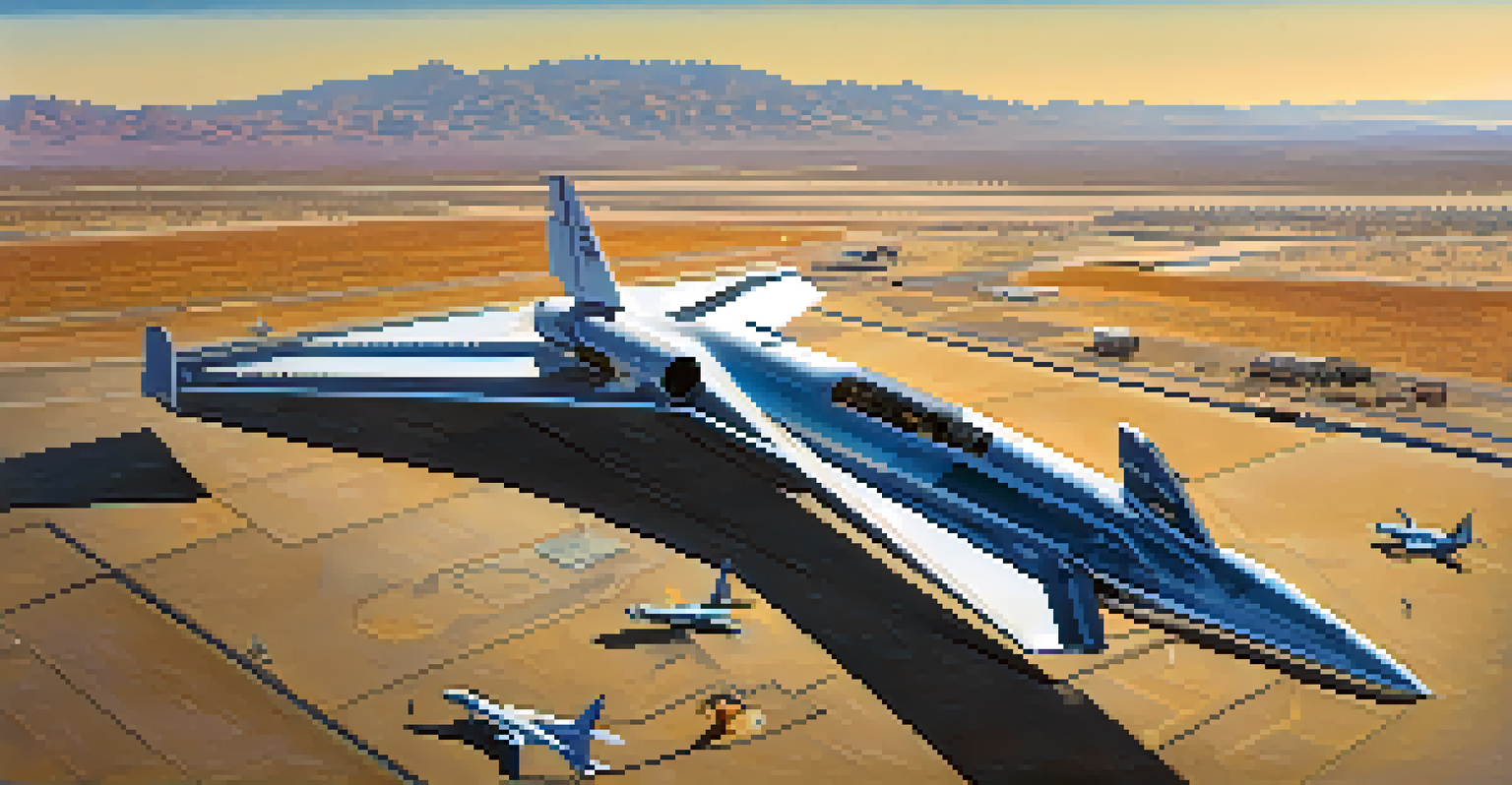 An aerial view of Mojave Air and Space Port with a spaceplane in flight against a clear blue sky and desert landscape below.