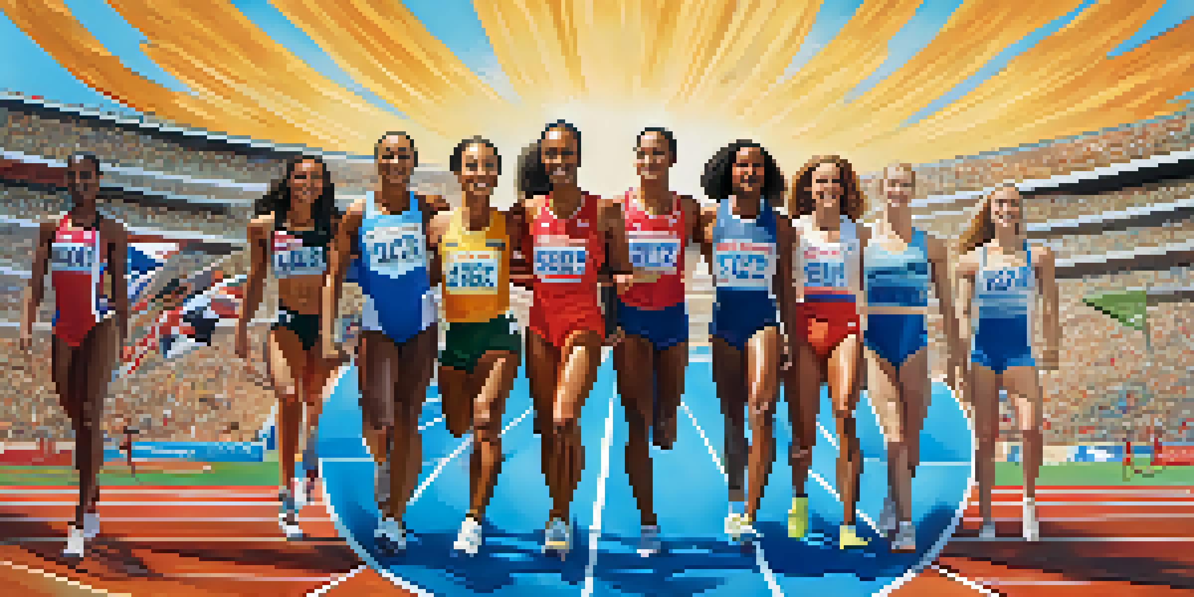 A diverse group of athletes standing together in a stadium, promoting clean sport.