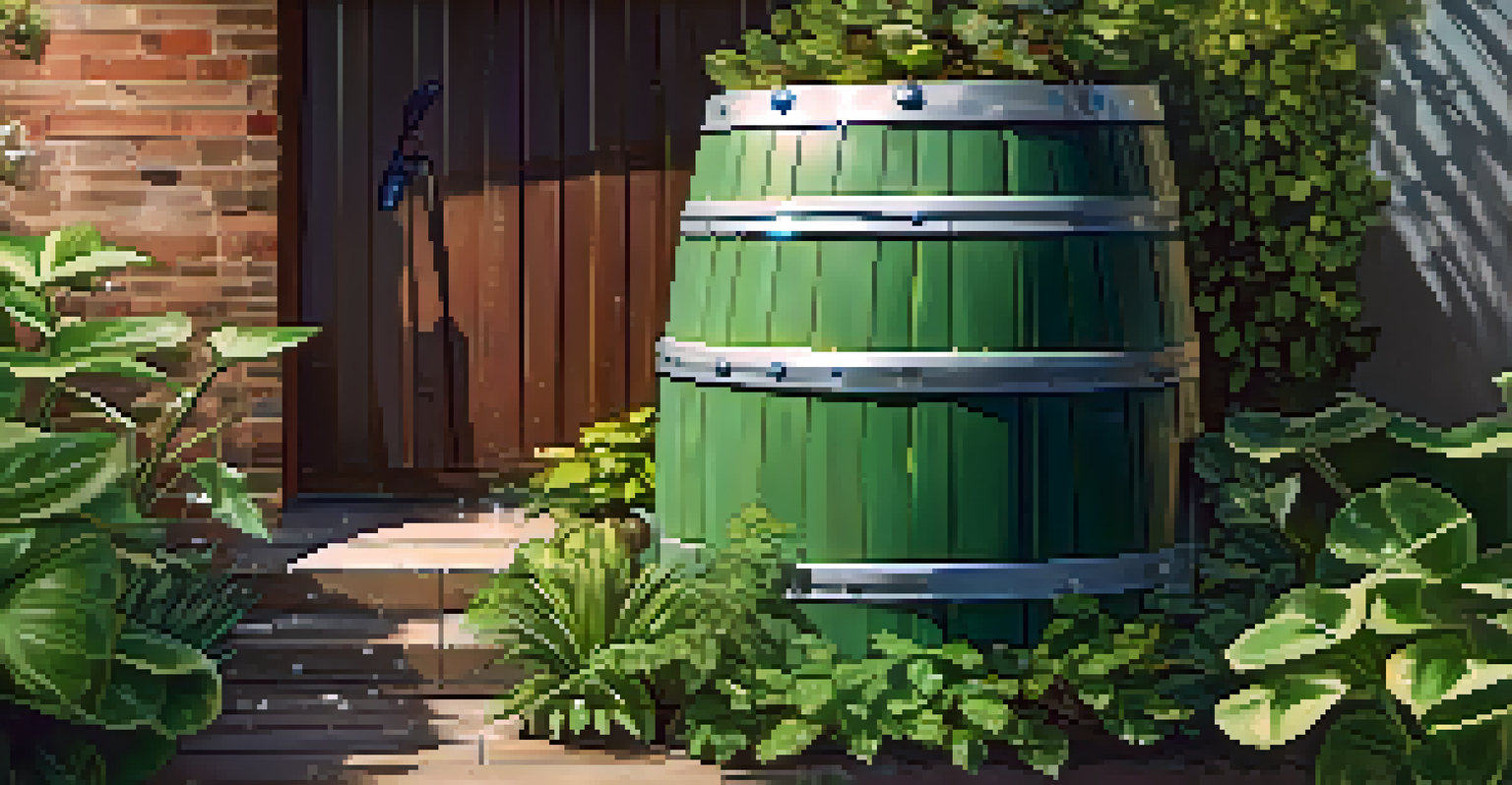 A close-up of a rain barrel with a first-flush diverter, surrounded by green plants and sunlight reflecting off water droplets.