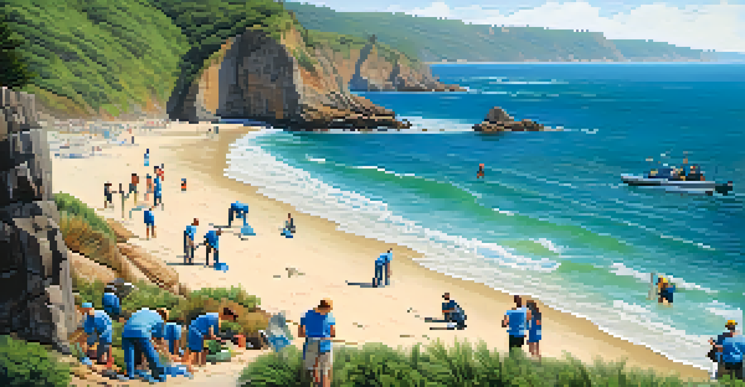 Volunteers cleaning a beach, picking up trash along the shore, with waves and cliffs in the background.