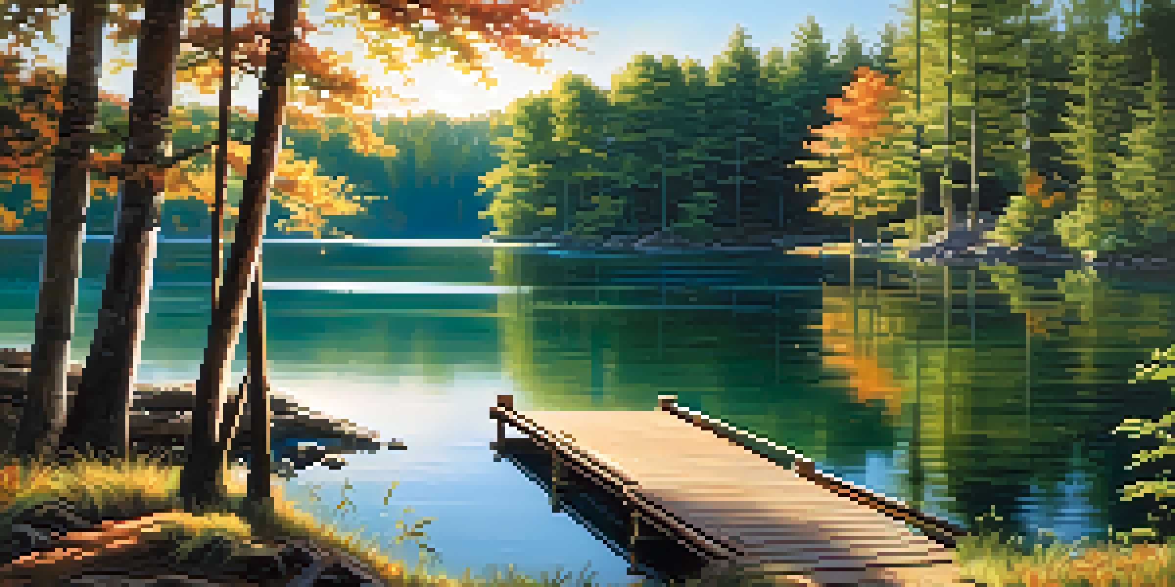 A tranquil lake surrounded by green trees and a wooden dock extending into the water, reflecting the clear blue sky.