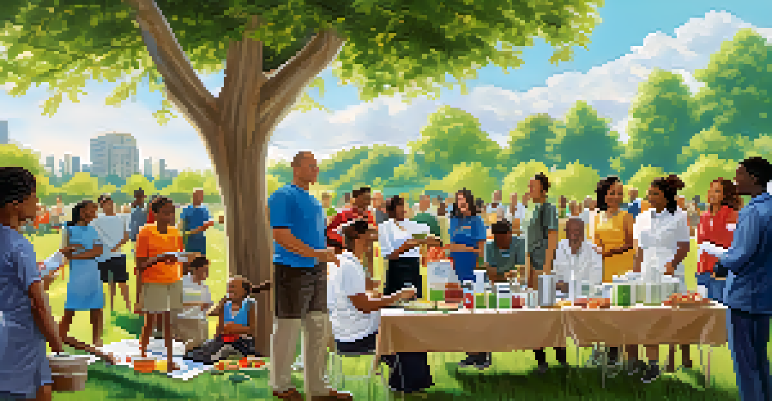 A community health workshop in a park, featuring a health educator demonstrating healthy cooking techniques to a diverse group of people.