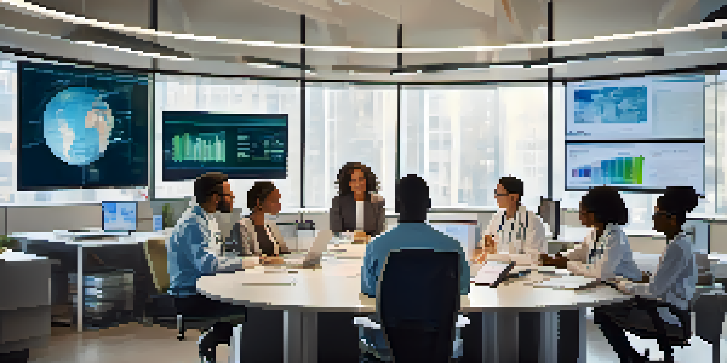 A diverse team of healthcare professionals working together in a bright office, discussing health data and maps.