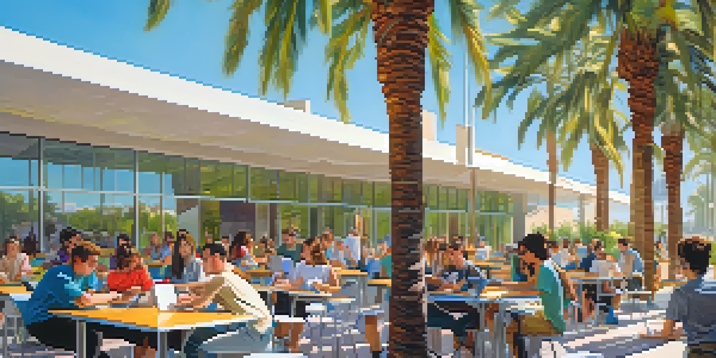 A sunny university campus with students working on technology projects, surrounded by palm trees and modern architecture.
