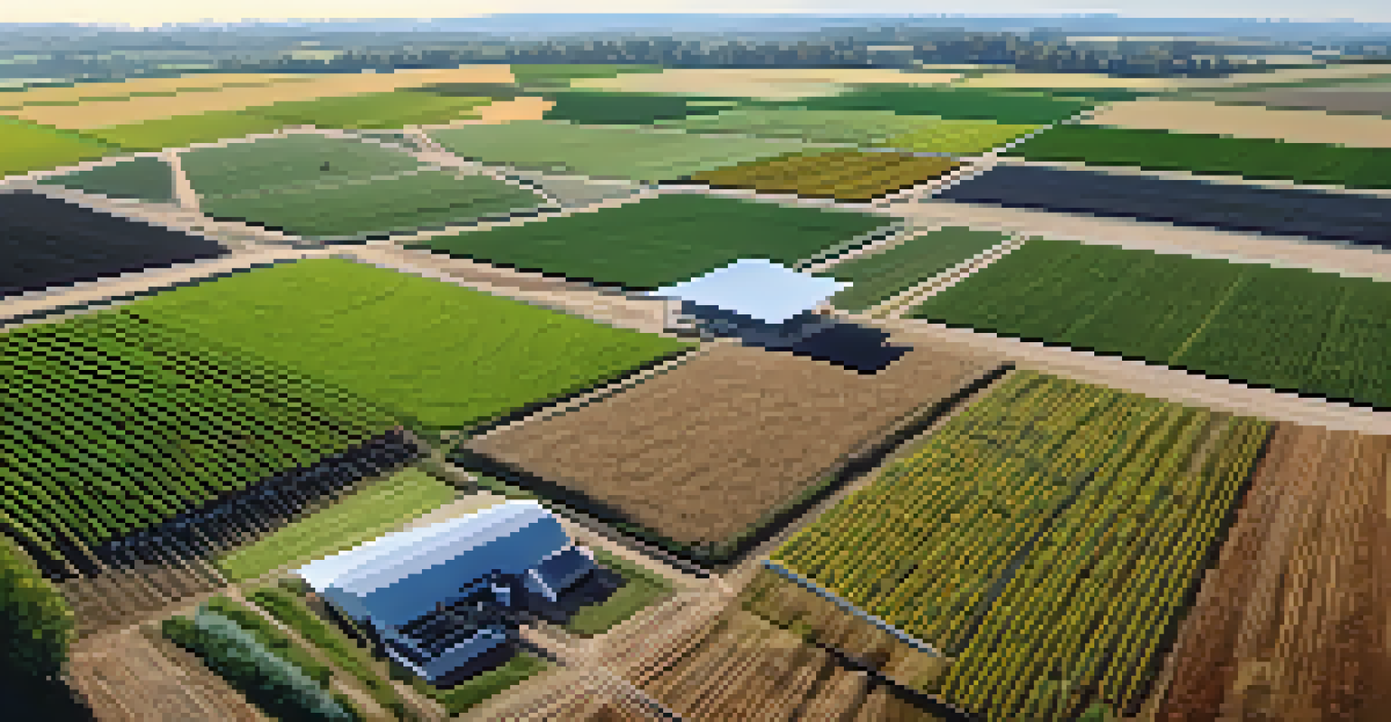 Aerial view of a farm with drones and sensors, showcasing precision agriculture technology.