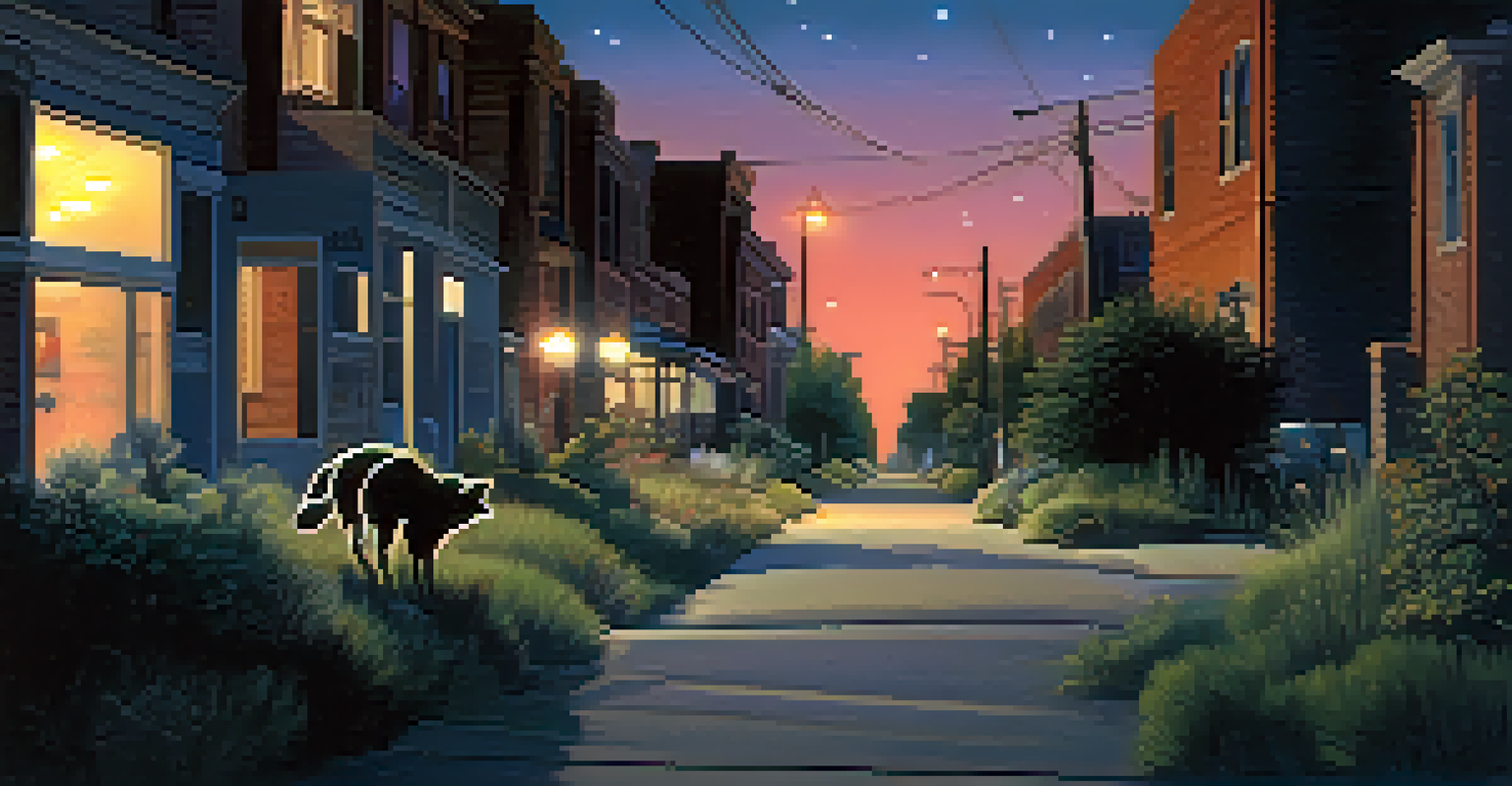 A coyote walking on a city street at dusk, with rabbits in the background and urban buildings silhouetted against the sky.