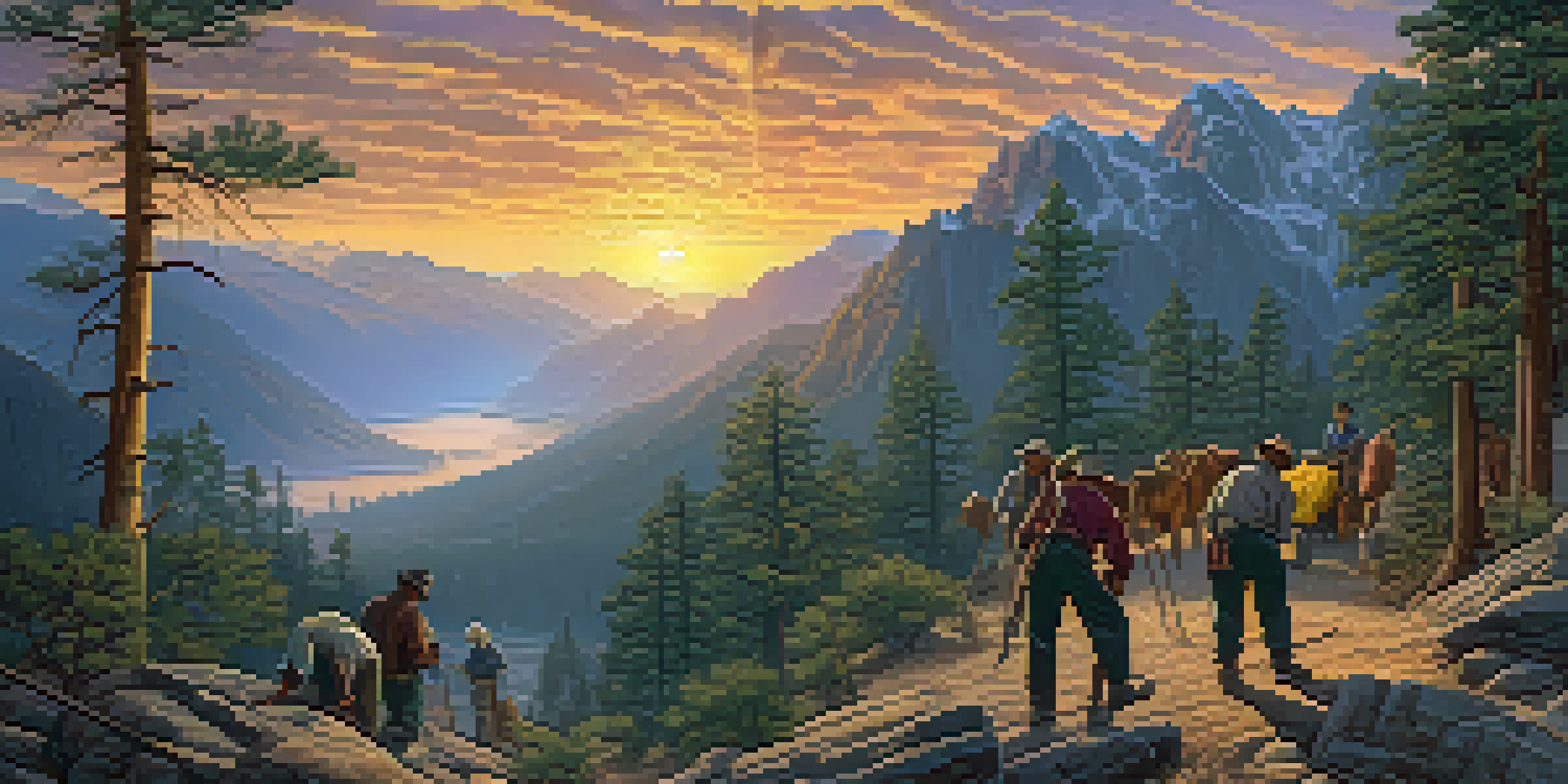 Chinese laborers working on the construction of the Central Pacific Railroad in the Sierra Nevada mountains, with a sunset sky casting warm colors over the rugged terrain.