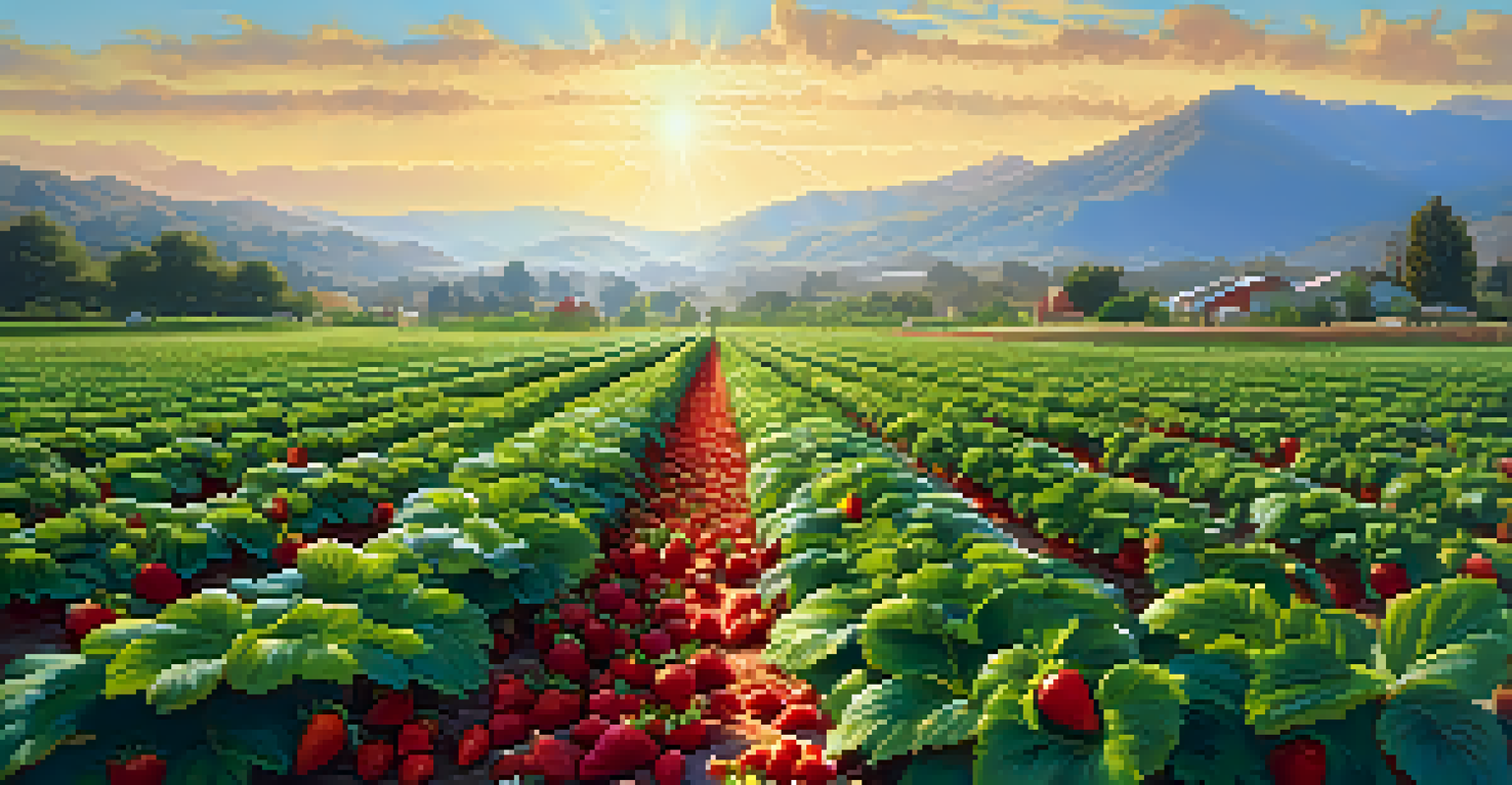 A lively California strawberry field with farmers harvesting ripe strawberries under a clear blue sky and mountains in the background.
