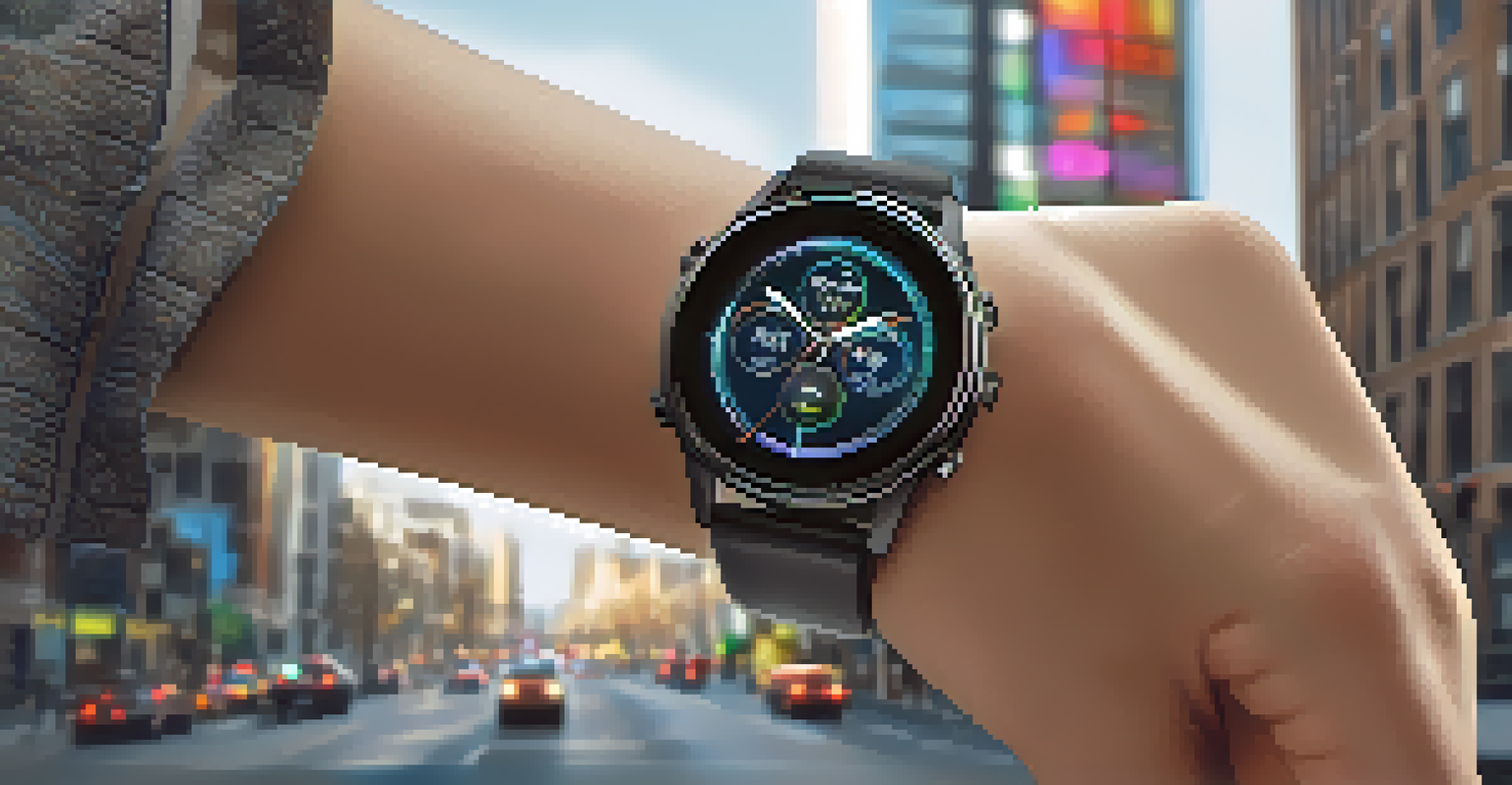 A close-up of a stylish smartwatch on a wrist in a modern urban environment, highlighting the blend of technology and fashion.