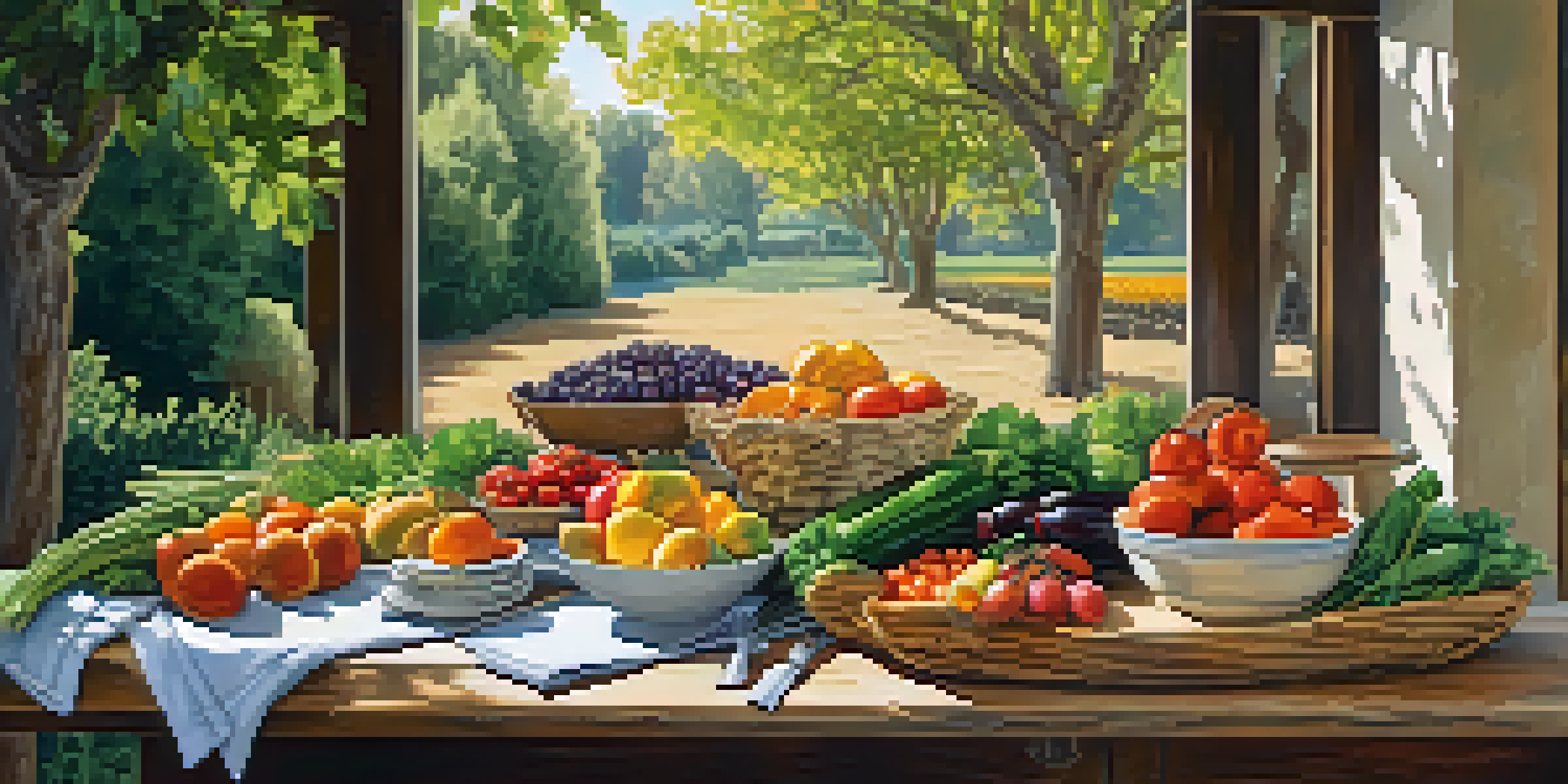 A rustic table set outdoors with fresh seasonal vegetables and fruits, sunlight filtering through trees, showcasing a farm-to-table dining experience.