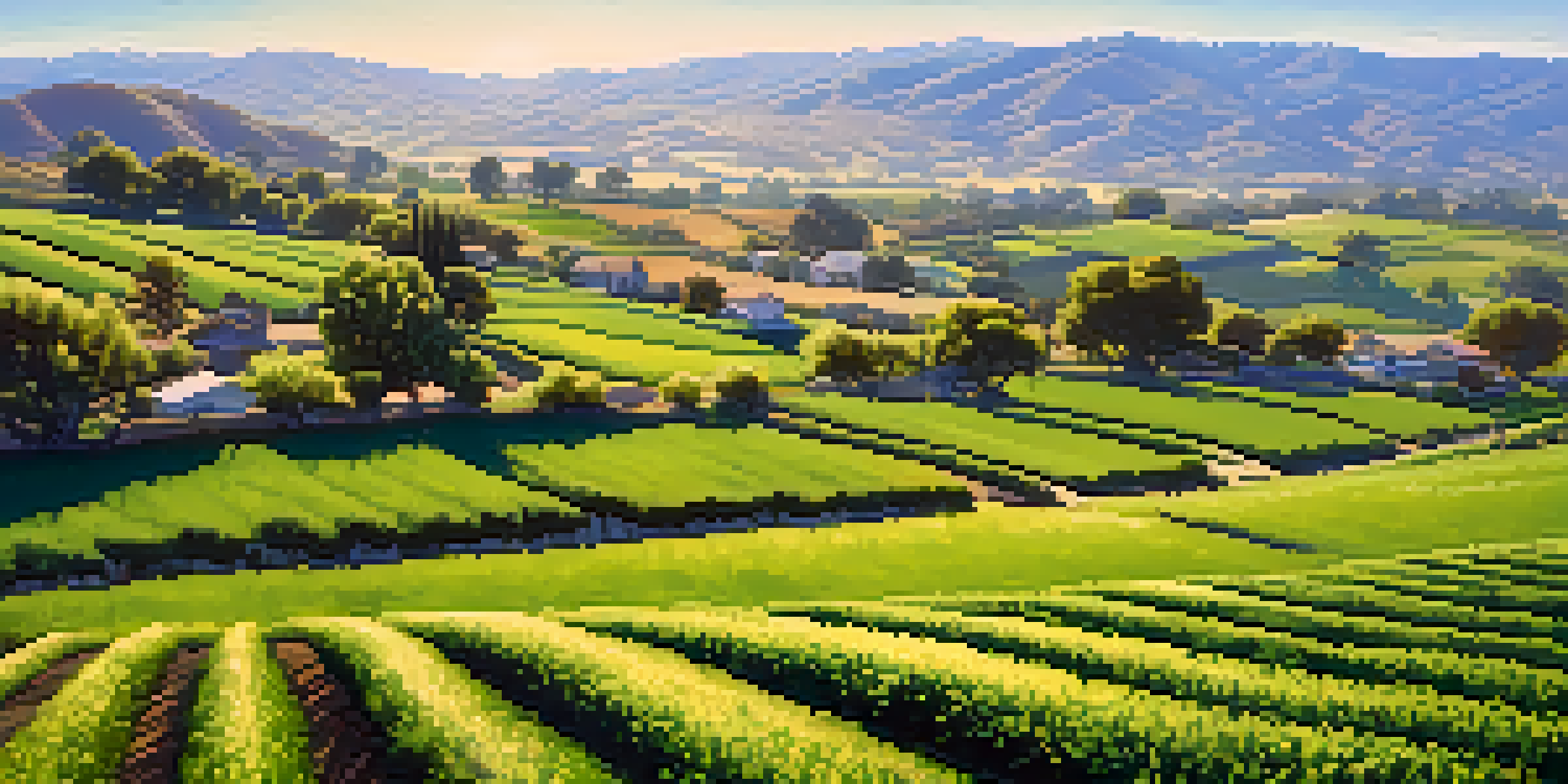 A wide view of California's agricultural landscape with green crops and blooming orchards under a clear blue sky.