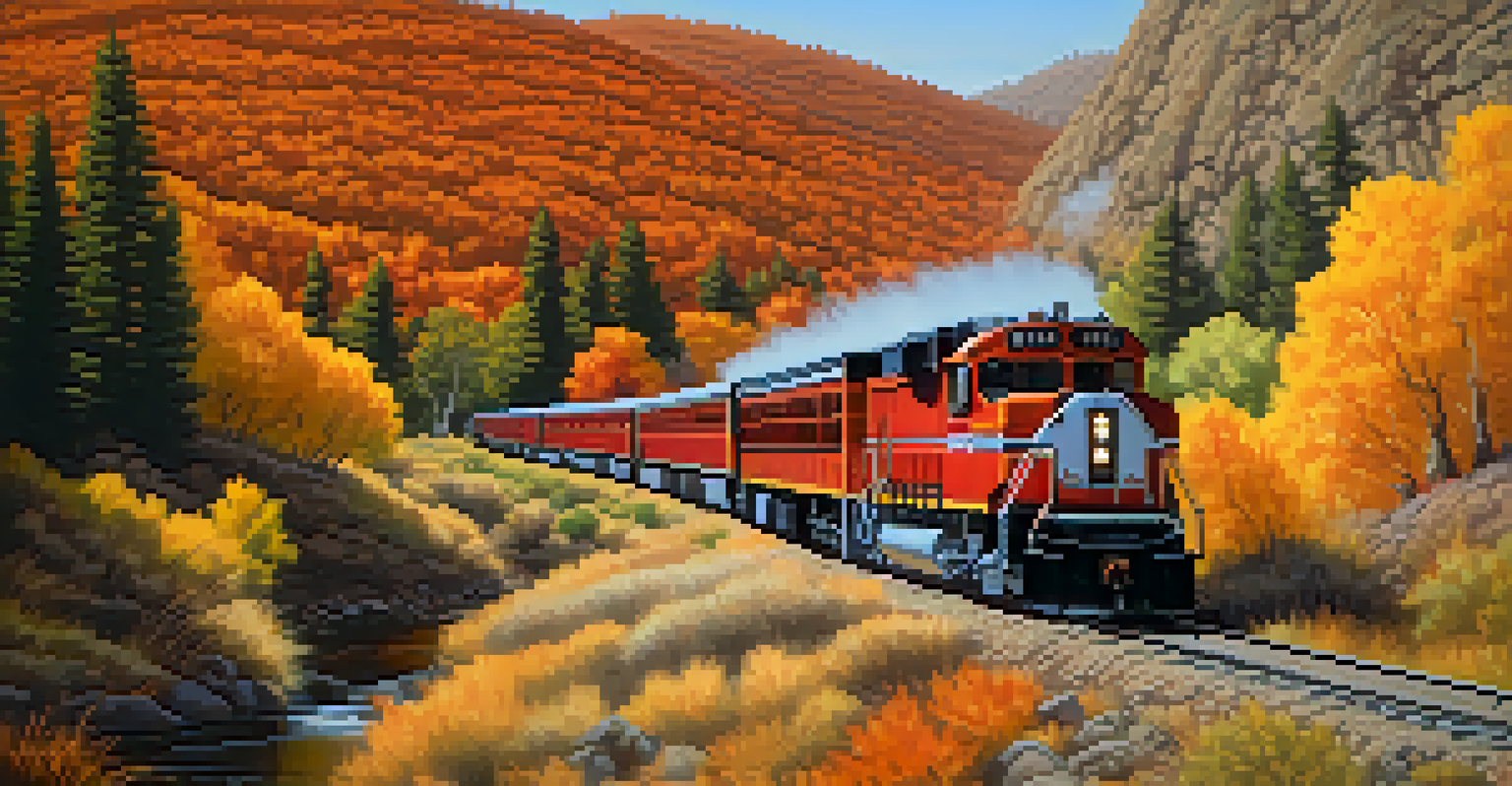 A train on the Feather River Route surrounded by colorful autumn leaves in the Sierra Nevada foothills.