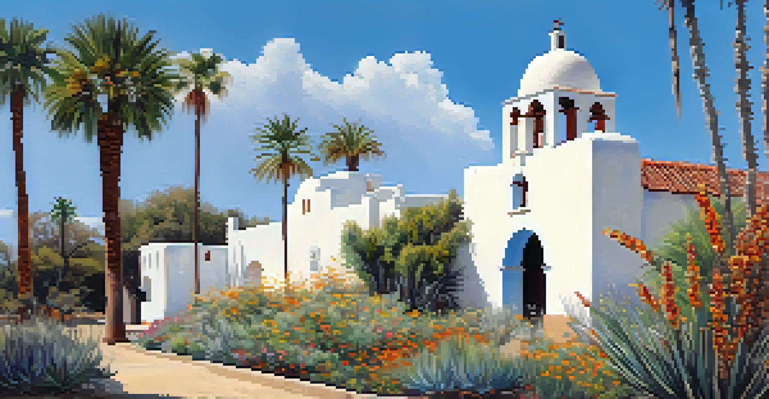 A broad view of Mission San Diego de Alcalá with blooming plants and palm trees, showcasing its white adobe structure against a clear blue sky.