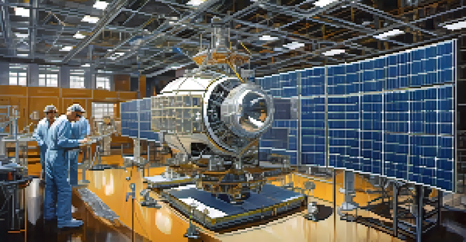 A close-up view of a satellite being assembled in a lab, with engineers visible in the background.