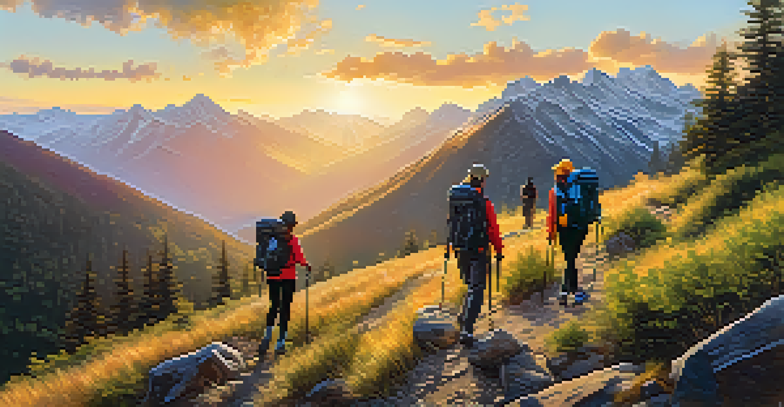 A picturesque hiking scene with people wearing functional tech wear in a mountainous landscape at sunset, showcasing vibrant colors.