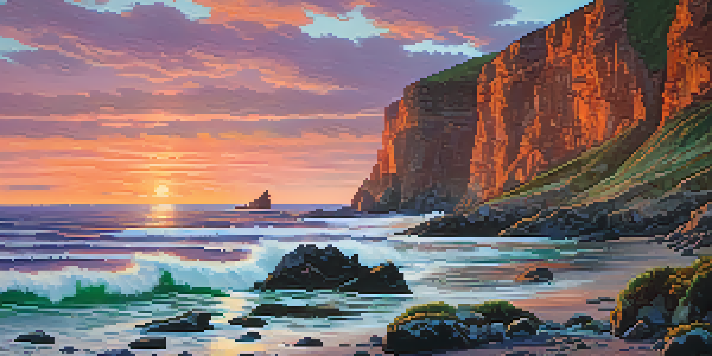 A sunset view of California's coastal cliffs with waves crashing against the rocks and colorful sky.