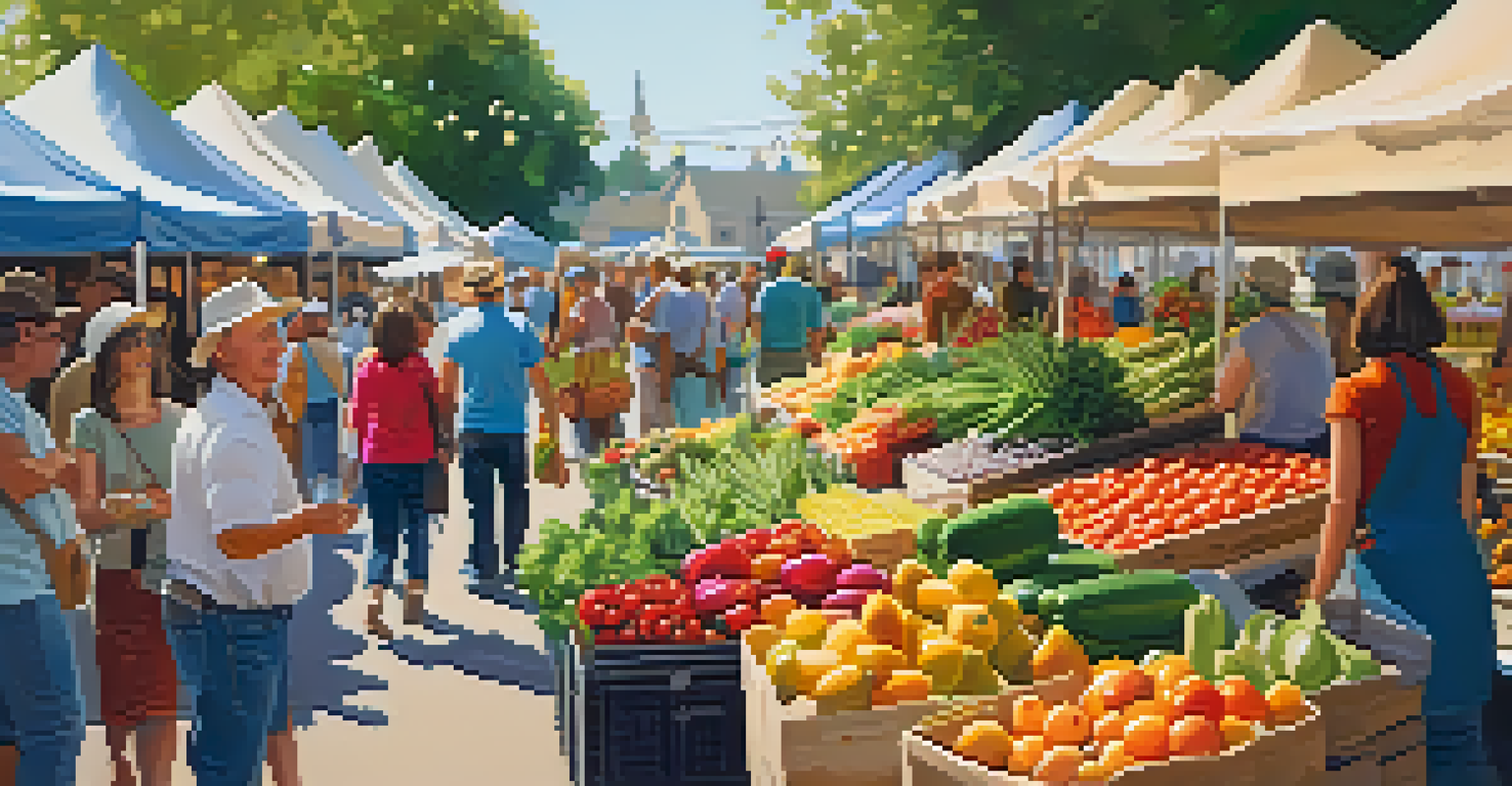 A lively farmers' market with stalls of fresh produce and shoppers interacting with local farmers.
