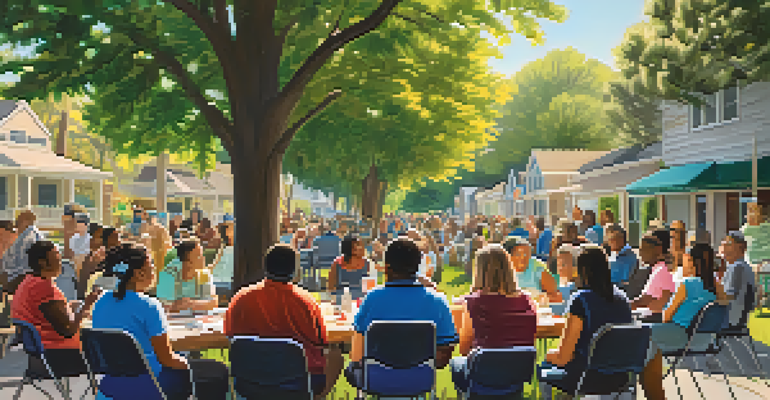 A community workshop with diverse residents engaged in disaster preparedness, surrounded by informational posters in a sunny outdoor setting.