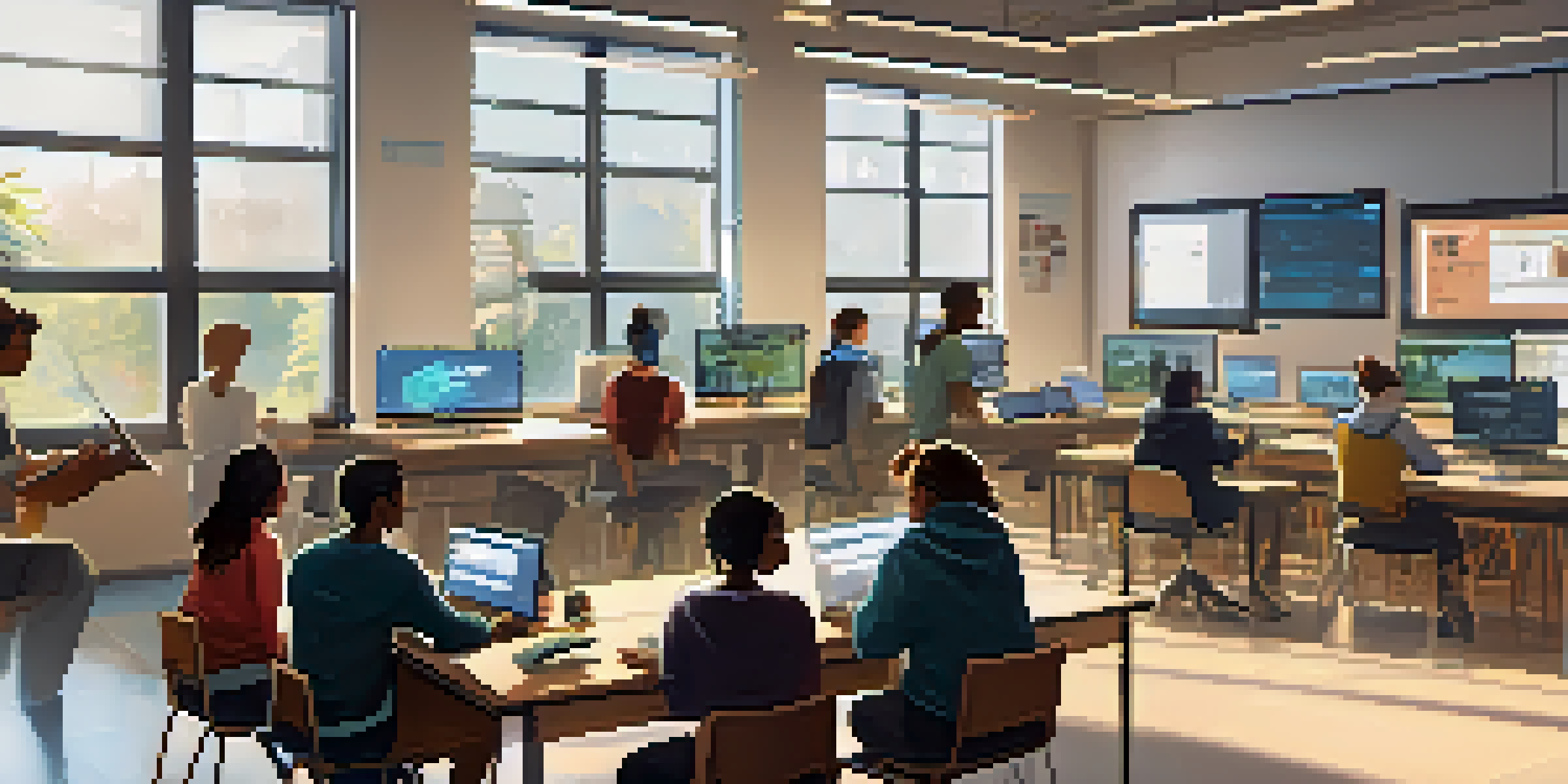 A diverse group of students in a modern classroom working together on a tech project with a teacher guiding them.