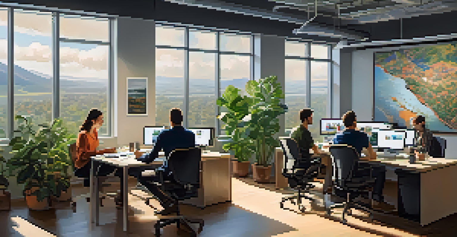 An interior view of a startup office with young professionals discussing ideas around a table.