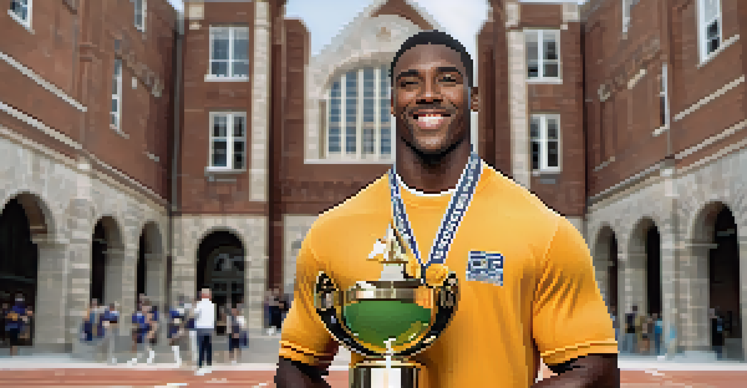 A college athlete proudly holding a trophy and a sponsorship contract in front of their university, expressing achievement and determination.
