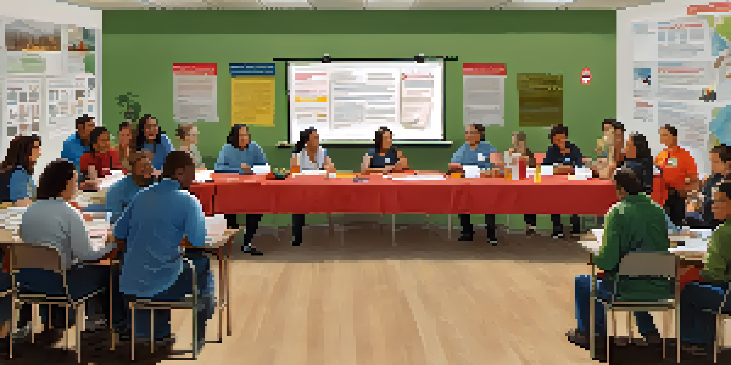 A group of community members participating in a wildfire preparedness workshop, focusing on fire safety materials and engaging with an instructor.