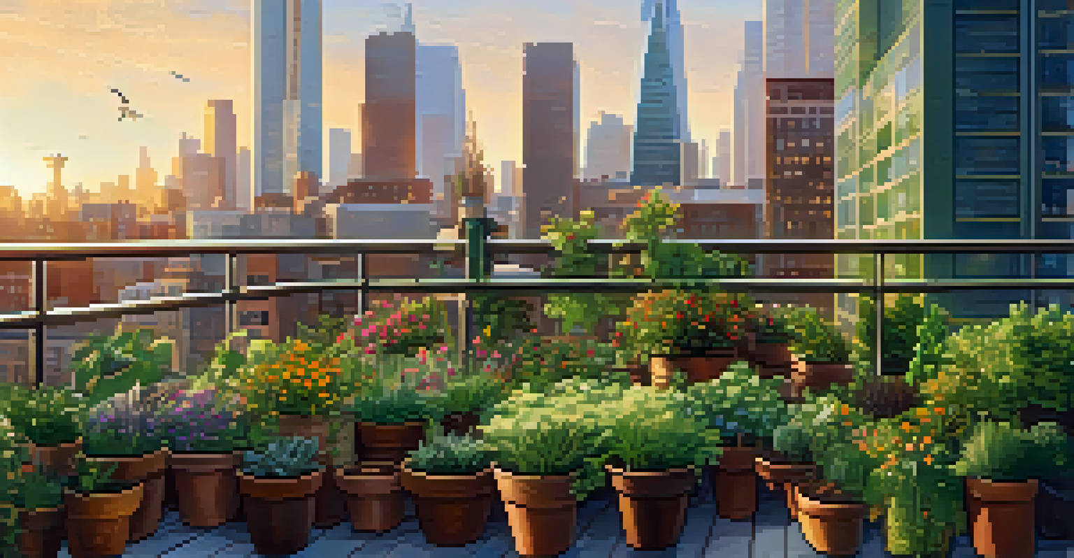 A rooftop garden filled with potted plants and vertical gardens, set against a city skyline during golden hour.