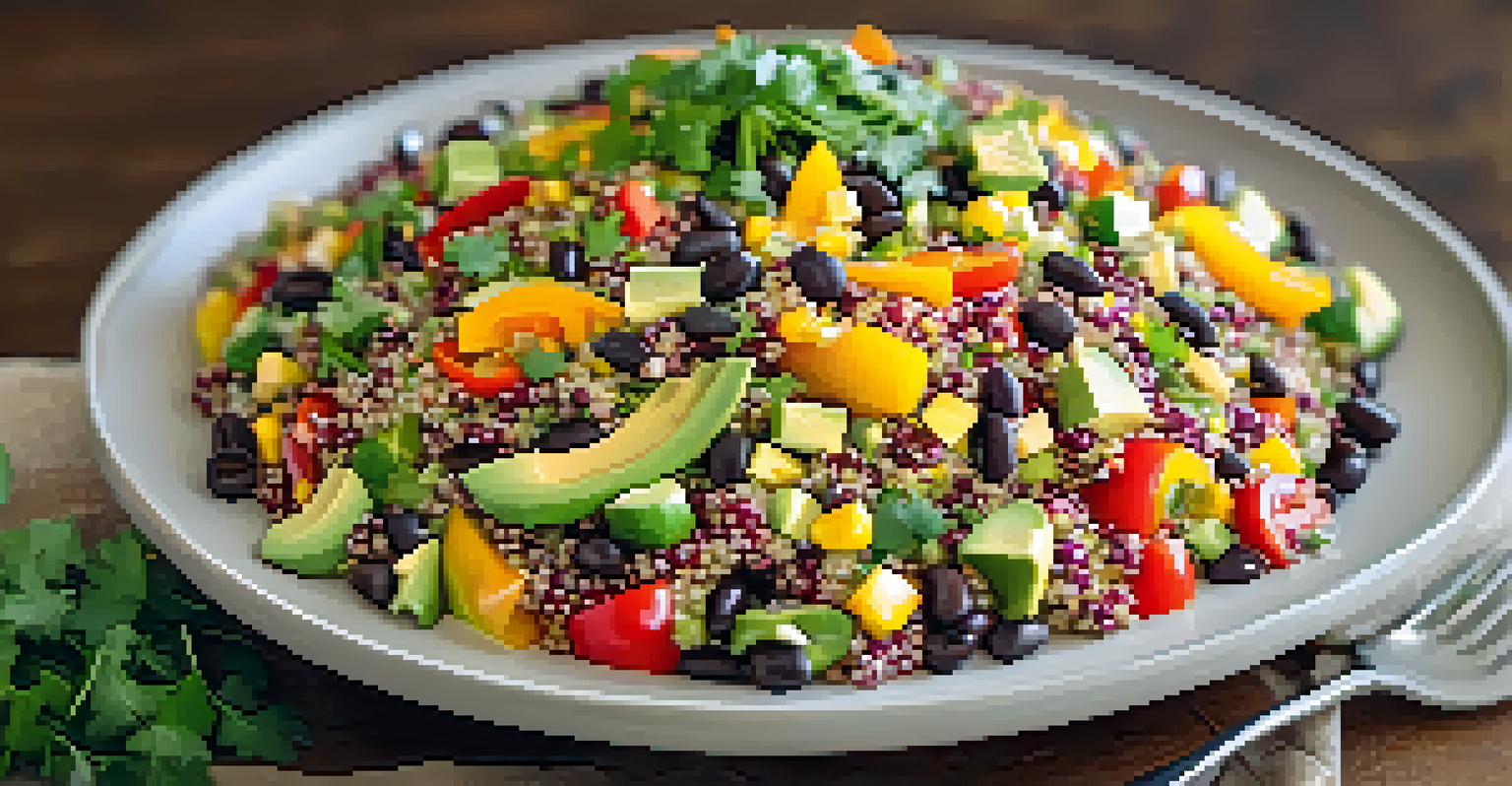 A colorful quinoa salad with bell peppers, corn, black beans, and avocado served in a white bowl on a wooden table.