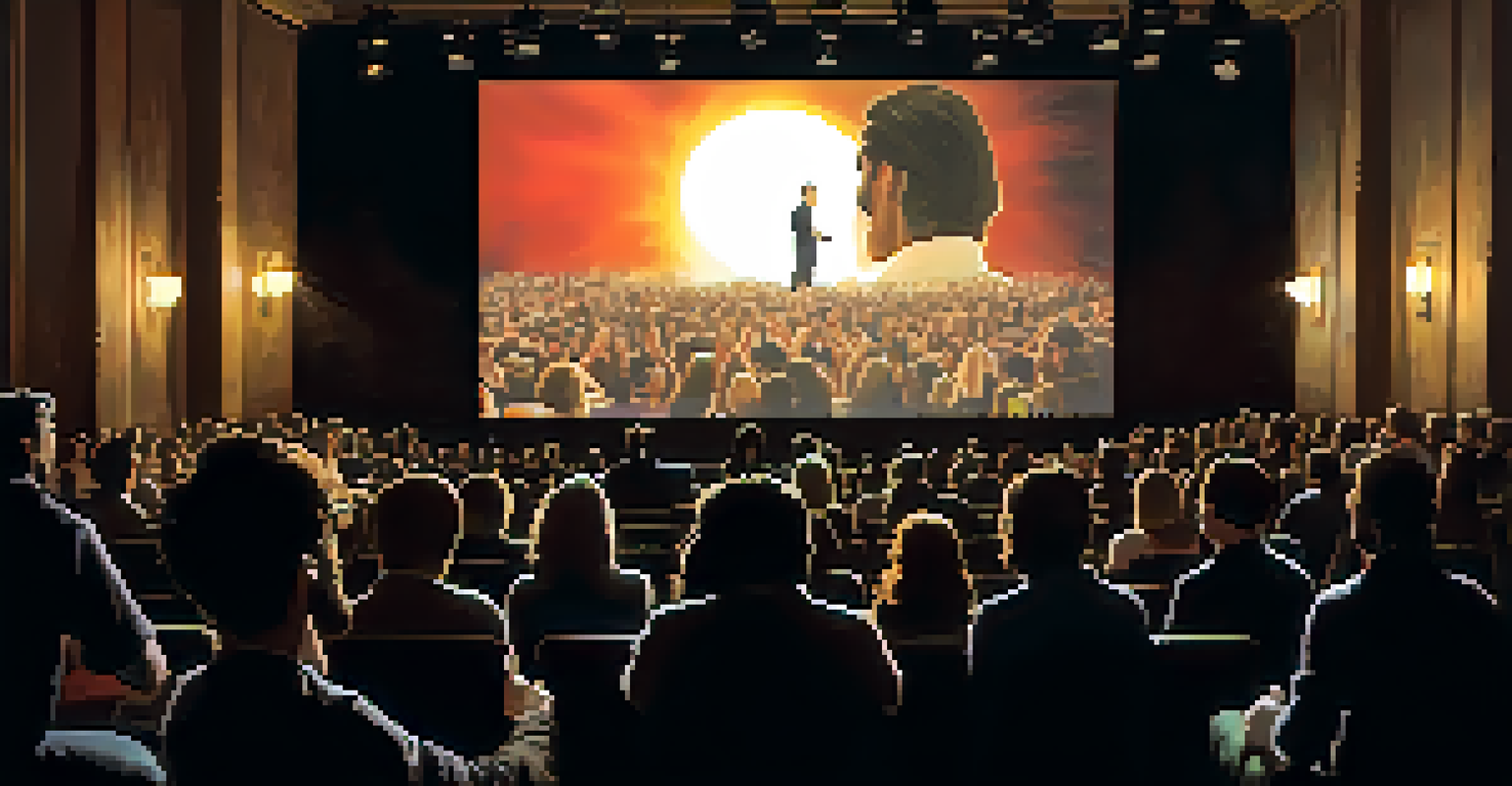 A California filmmaker presenting their film on stage at the Tribeca Film Festival, with an engaged audience watching.