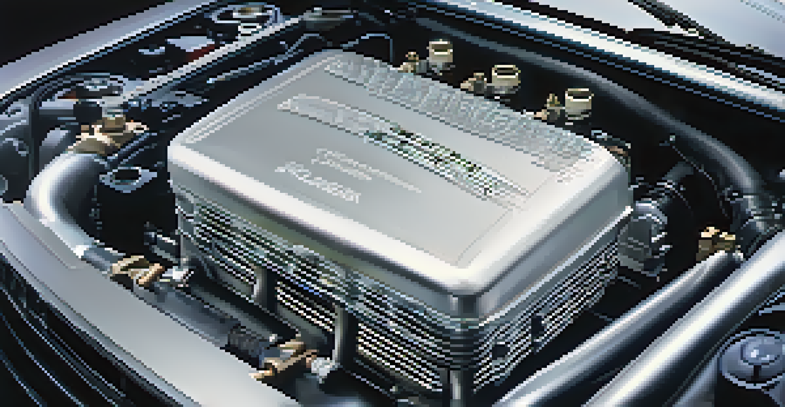 Close-up of a hydrogen fuel cell engine in an automotive showroom, showcasing modern technology and details.