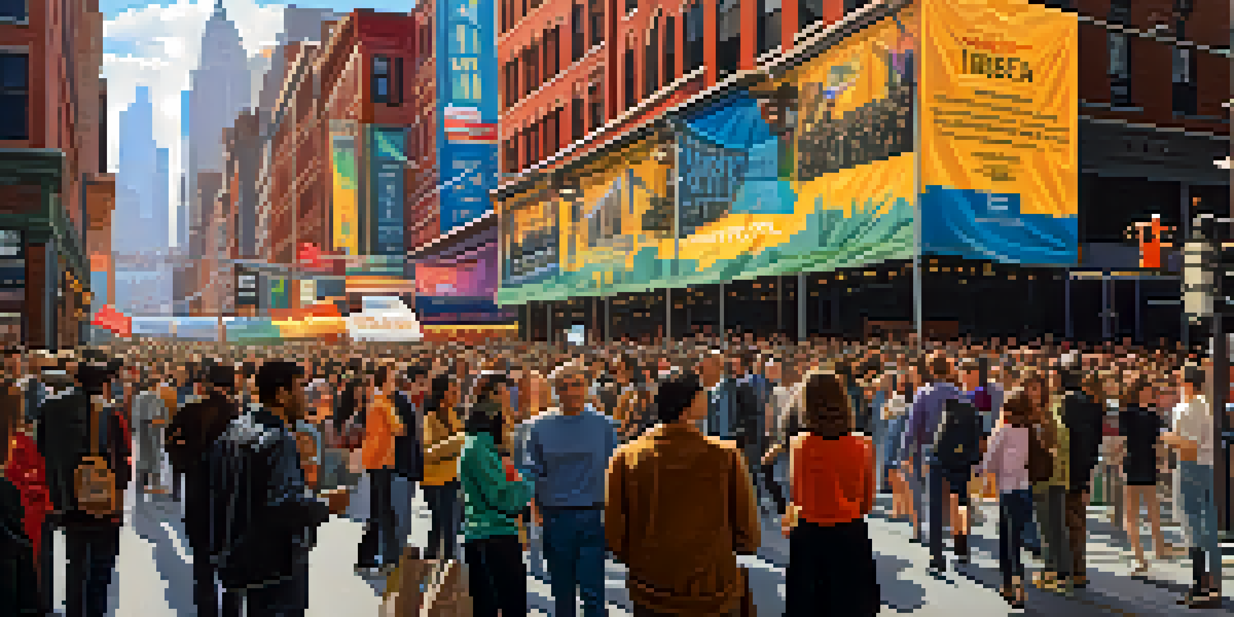 A lively gathering at the Tribeca Film Festival with diverse crowds interacting against a backdrop of New York City architecture.