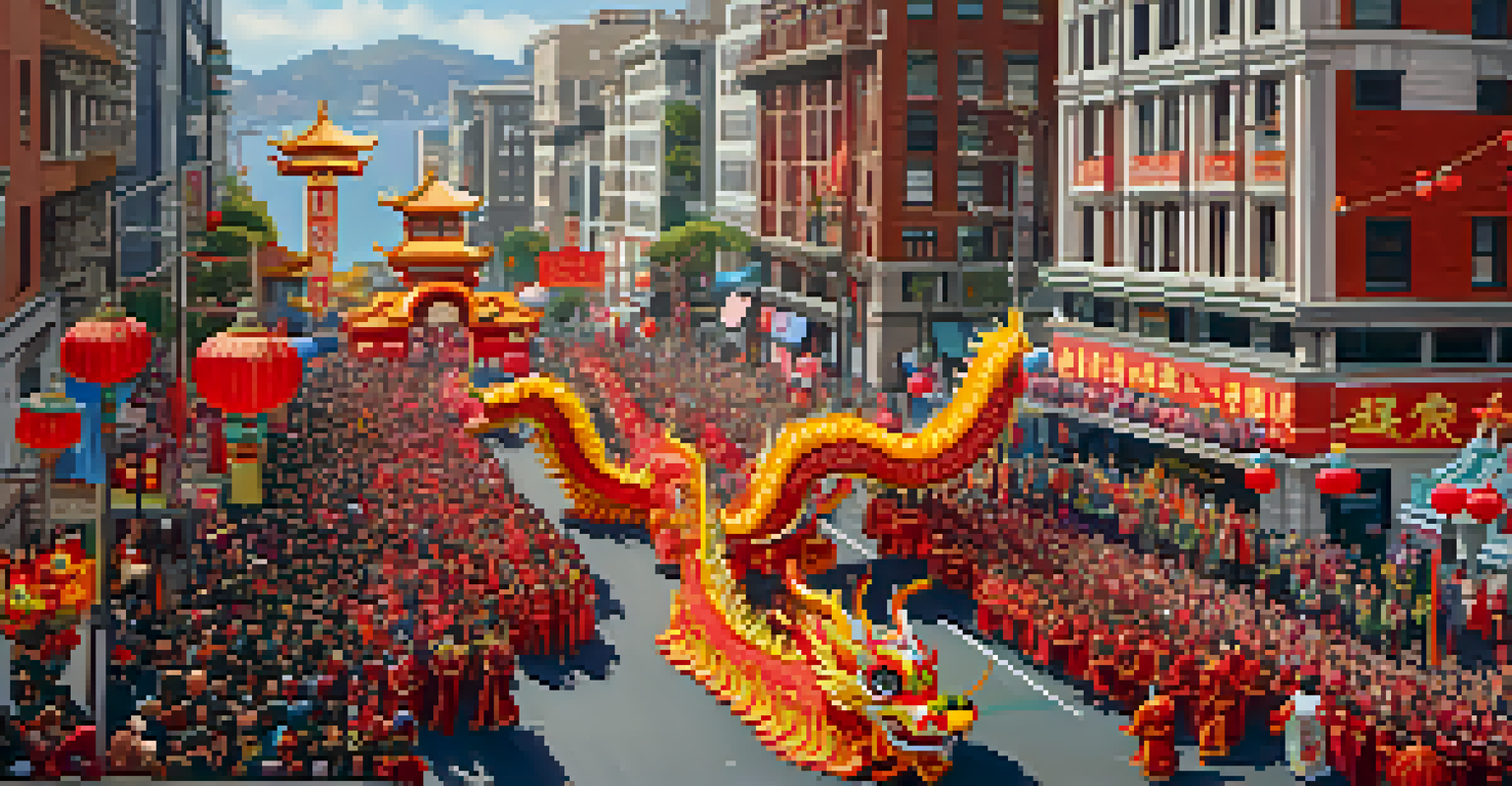 An aerial view of the Chinese New Year parade in San Francisco with floats, performers, and a dragon dance, surrounded by spectators.