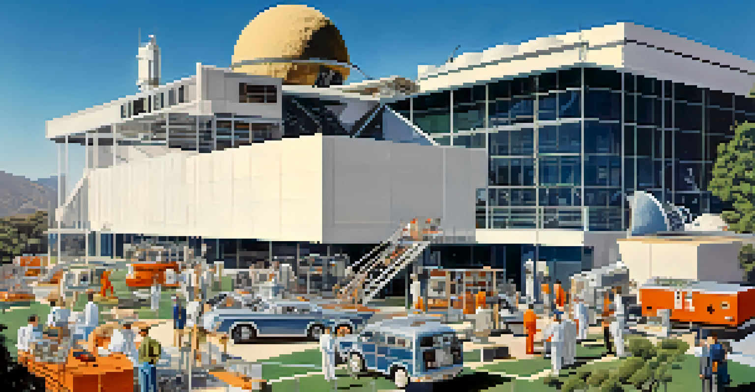 A vibrant scene of the Jet Propulsion Laboratory in the 1960s, with scientists working on the Lunar Module.