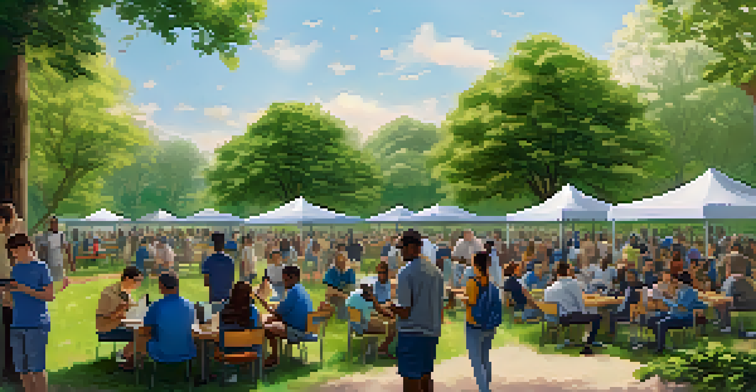 A community in a park using technology to engage in disaster recovery, promoting collaboration and support among residents.