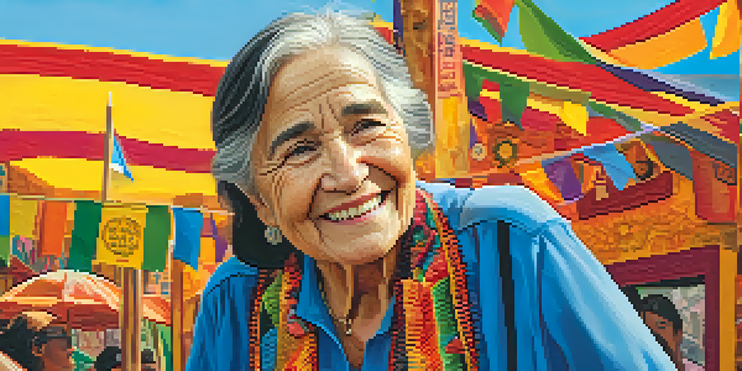 A close-up portrait of Dolores Huerta, an elderly Latina woman with a warm smile, surrounded by colorful banners advocating for social justice, with sunlight highlighting her features.