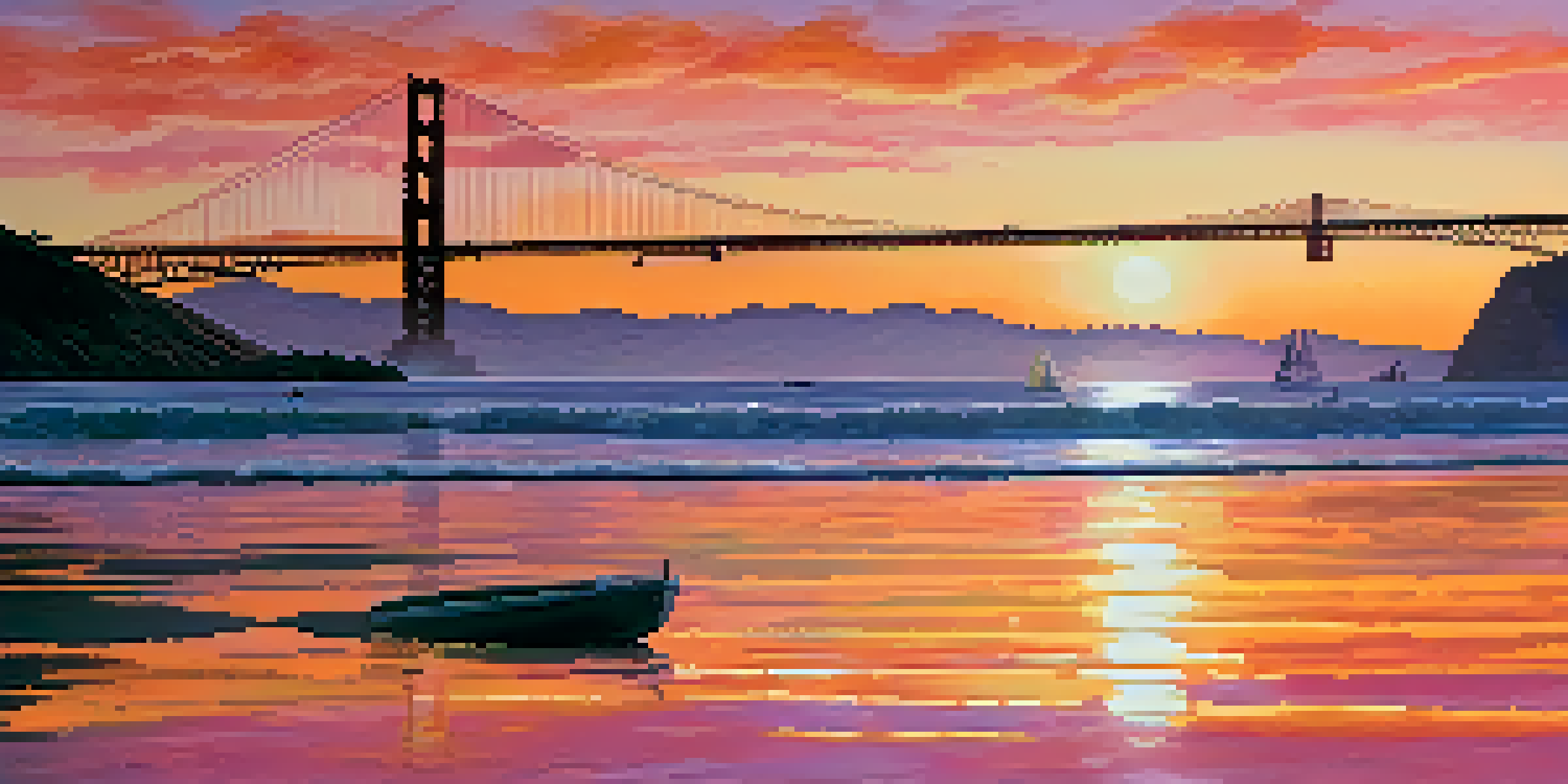 A sunset view of the Golden Gate Bridge silhouetted against a colorful sky, with a calm bay and sailboats in the foreground.