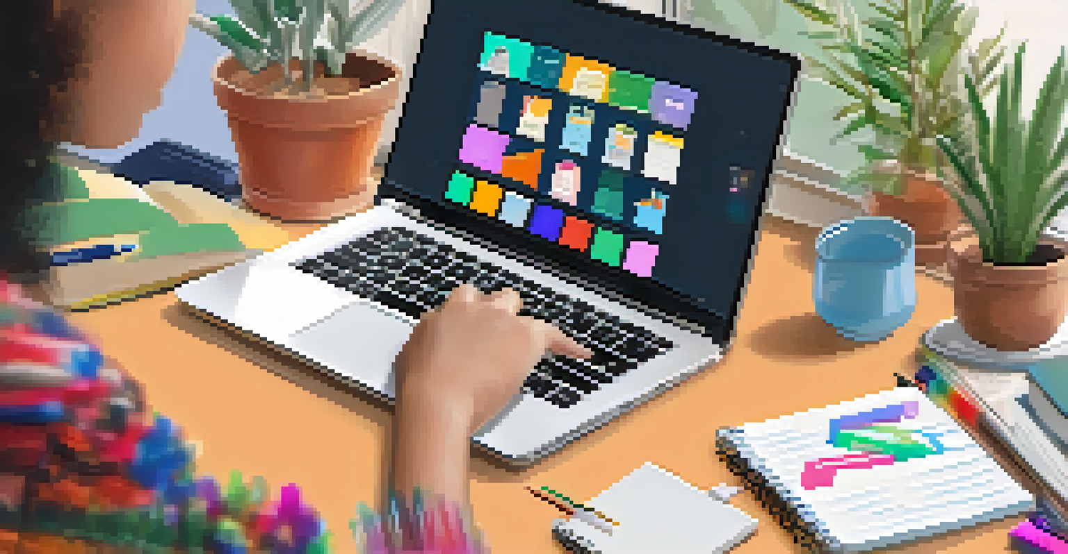 Close-up of a student's hands typing on a laptop, surrounded by a notebook and colorful pens in a cozy workspace.