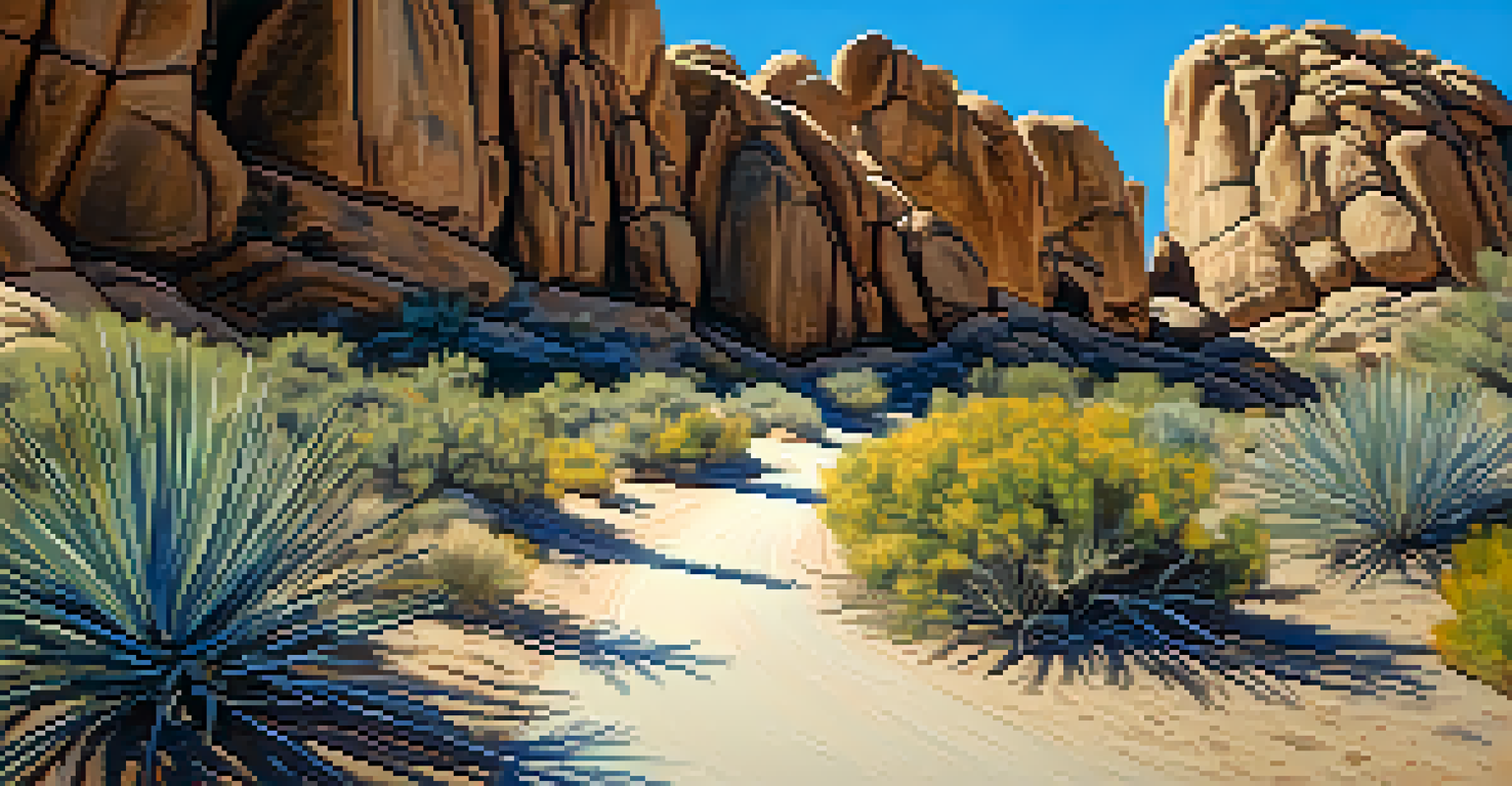 A winding path in Joshua Tree National Park leading to a rock formation, framed by desert plants and a clear blue sky.