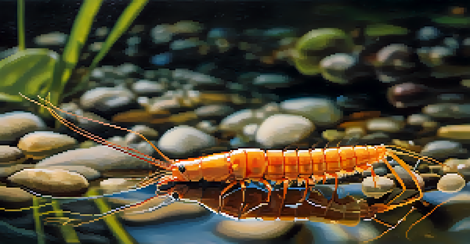 A close-up of a shrimp in a clear stream, surrounded by plants and pebbles, with sunlight filtering through the water.