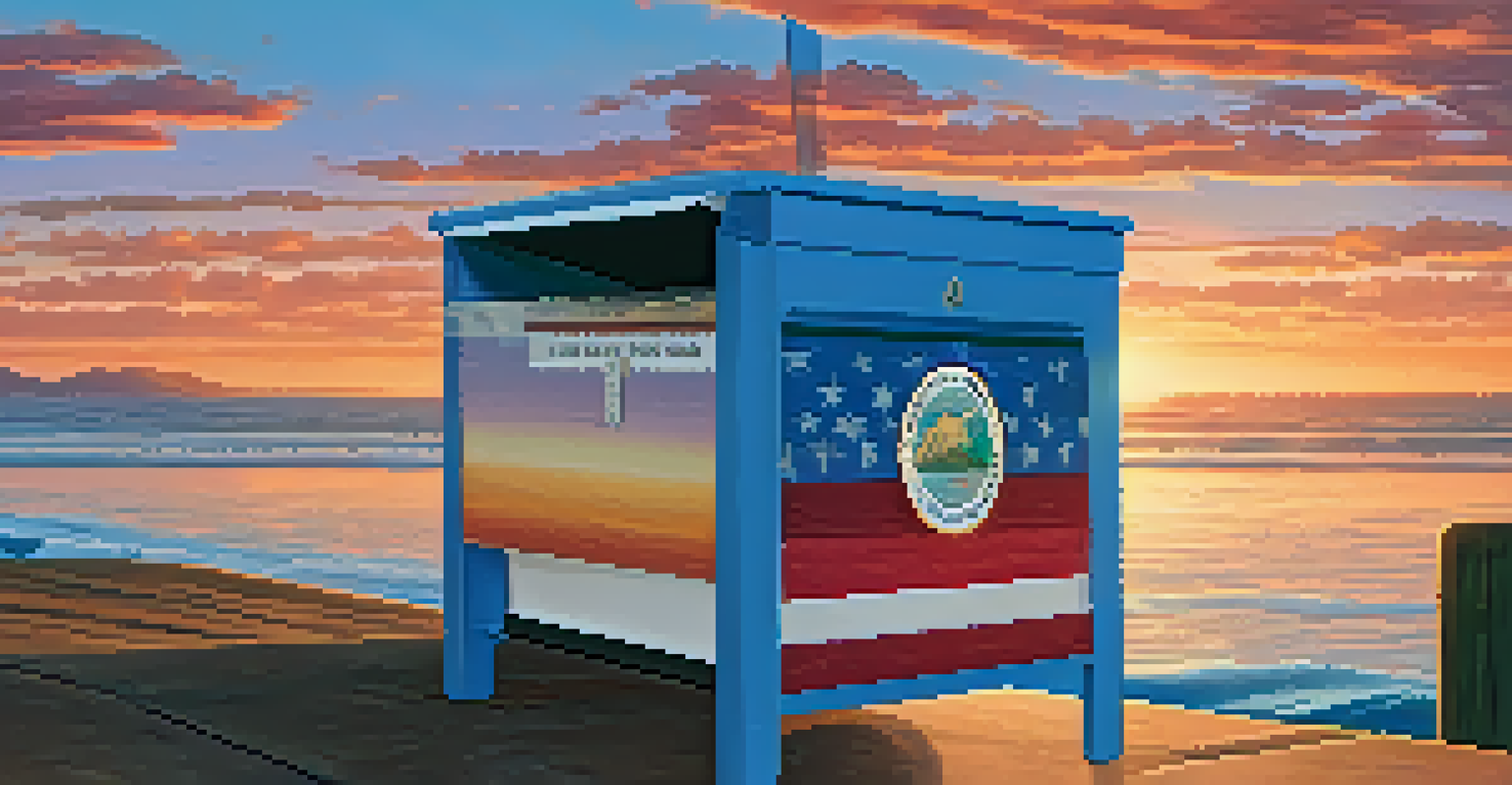A close-up of a hand placing a mail-in ballot into a secure drop box, with the California state seal visible and a sunset in the background.
