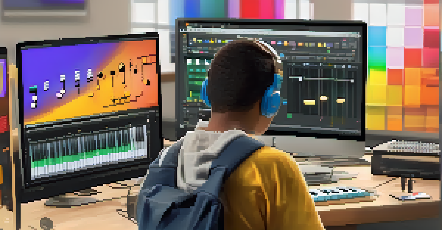 A visually impaired student using adaptive music software on a computer to compose music.