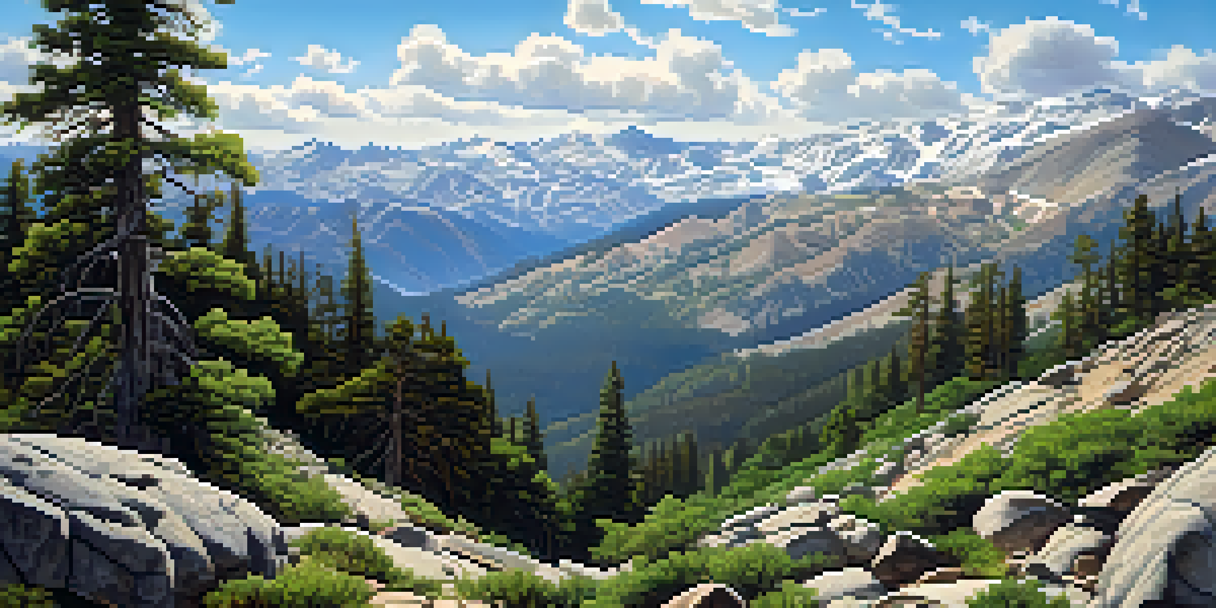 A wide view of the Sierra Nevada mountains with green forests, rocky meadows, and snow-capped peaks under a blue sky.